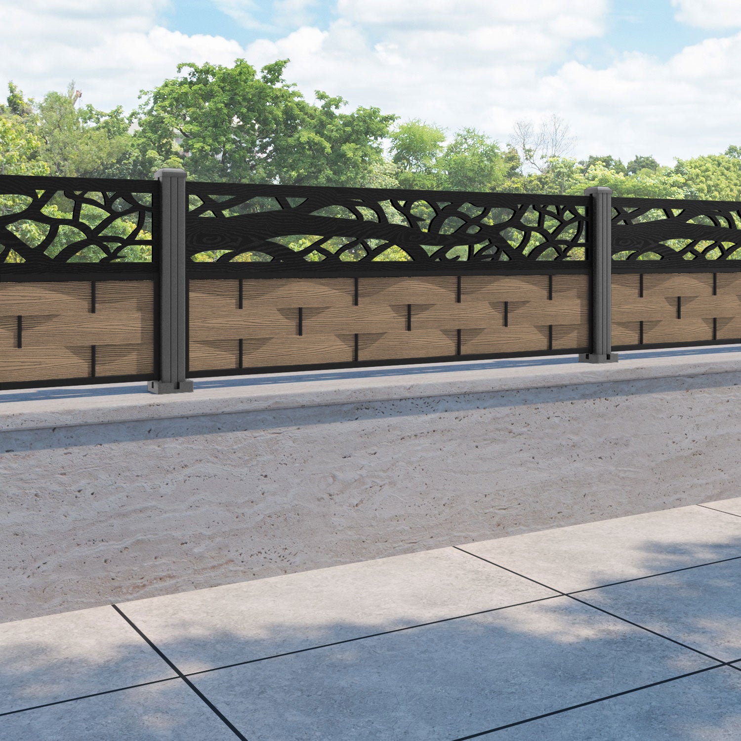 Ripple Twilight Fence Panel - Teak - with our aluminium posts