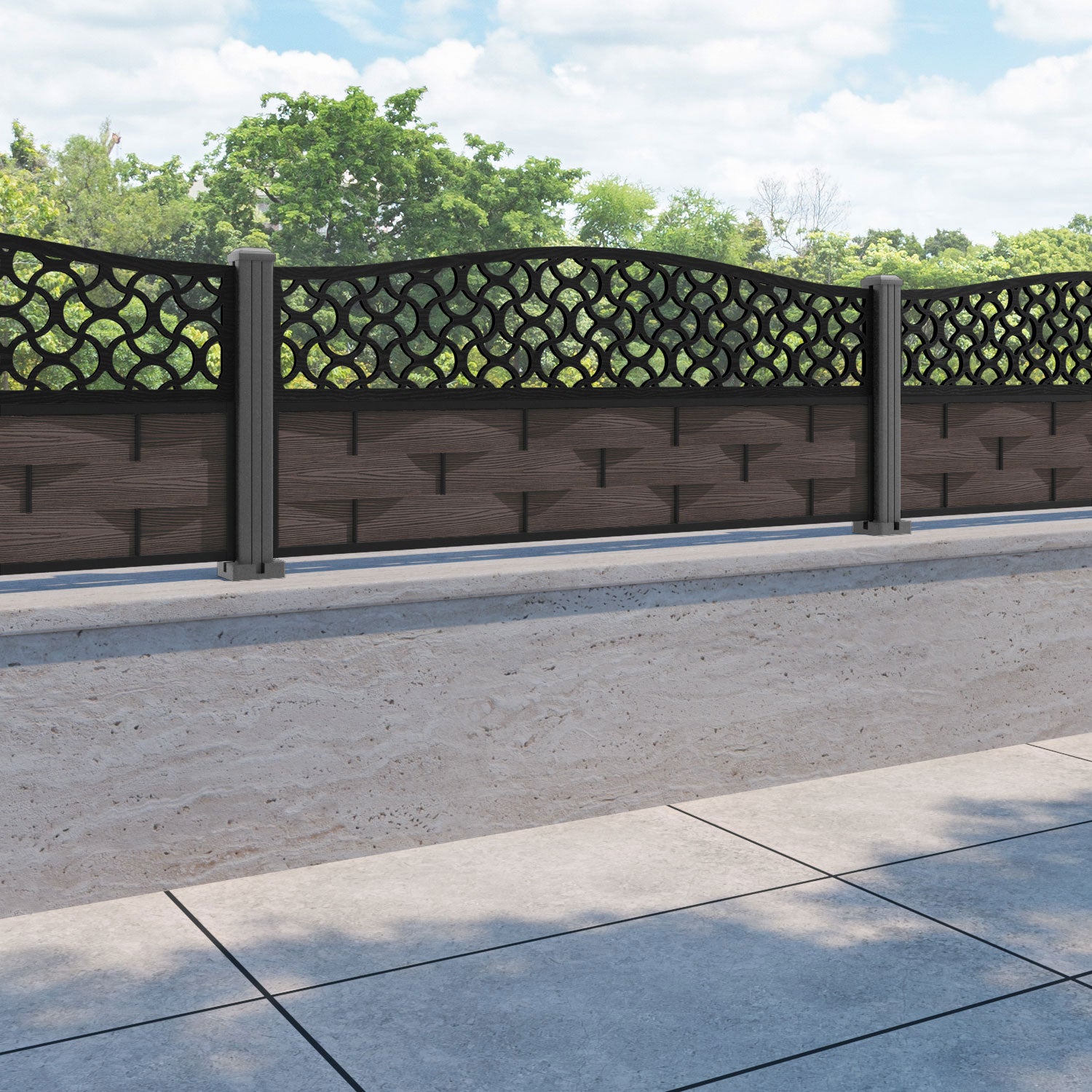 Ripple Vida Curved Top Fence Panel - Mid Brown - with our aluminium posts