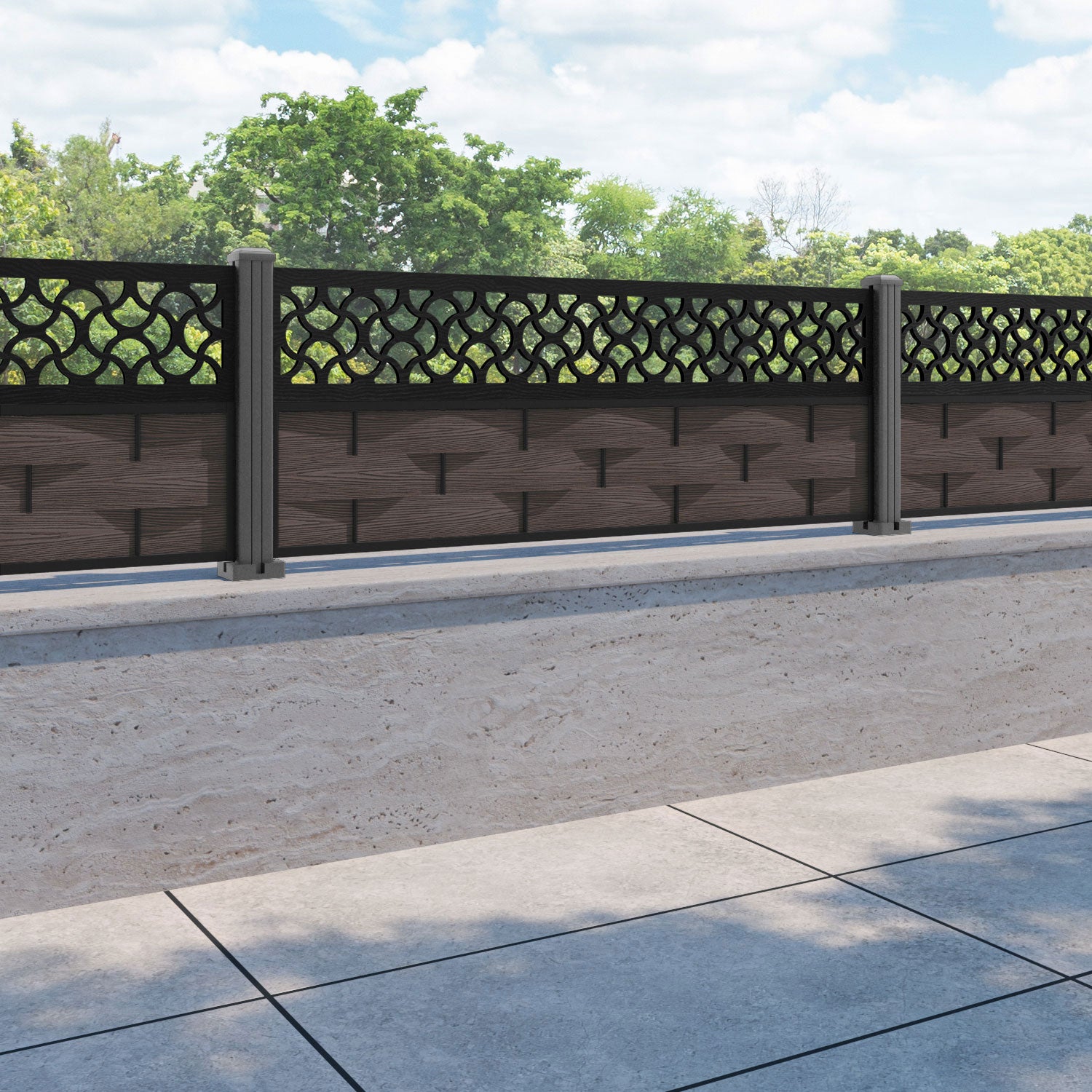 Ripple Vida Fence Panel - Mid Brown - with our aluminium posts