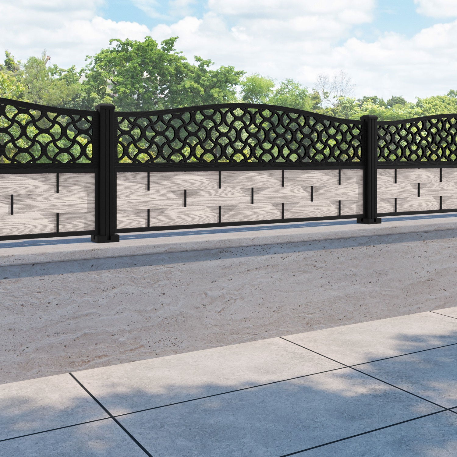 Ripple Vida Curved Top Fence Panel - Mid Stone - with our aluminium posts