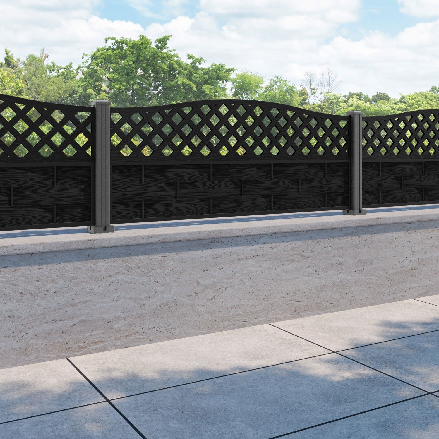 Ripple High Wave Curved Top Fence Panel - Black - with our aluminium posts