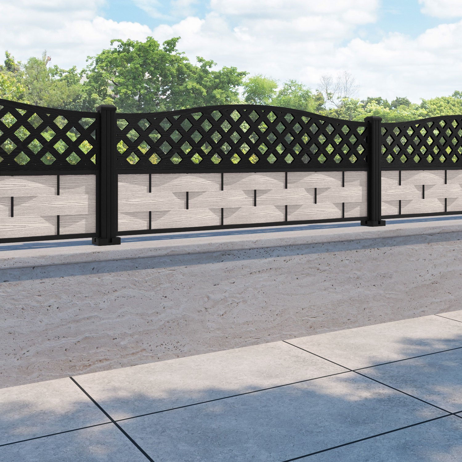 Ripple High Wave Curved Top Fence Panel - Mid Stone - with our aluminium posts