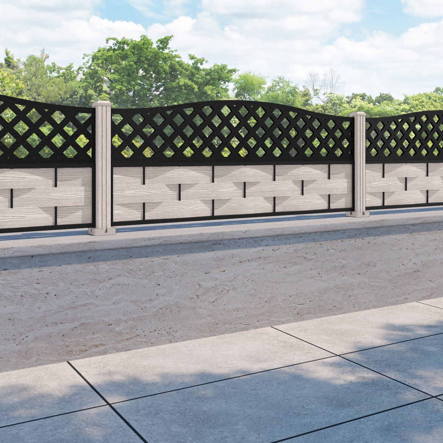 Ripple High Wave Curved Top Fence Panel - Mid Stone - with our composite posts