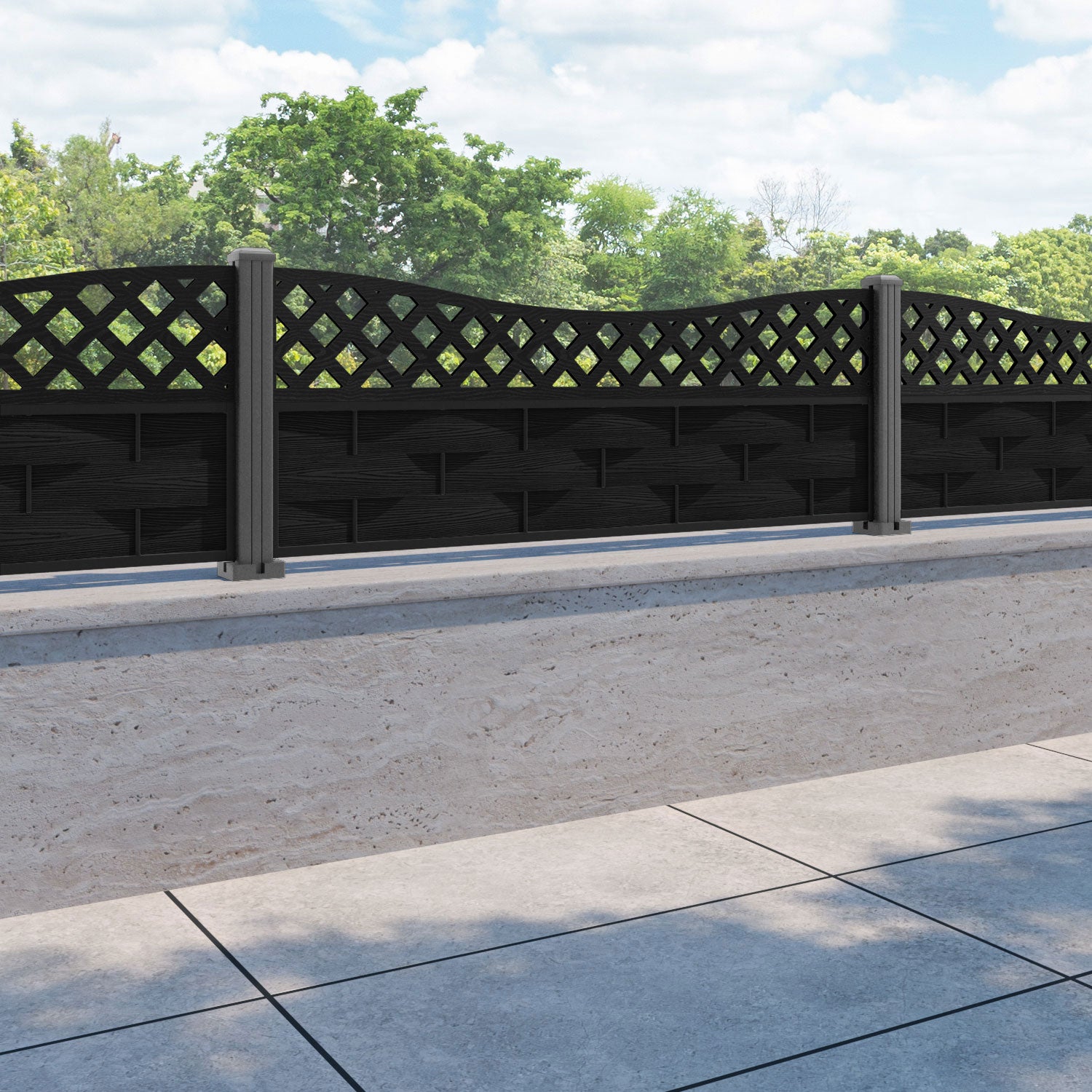 Ripple Low Wave Curved Top Fence Panel - Black - with our aluminium posts