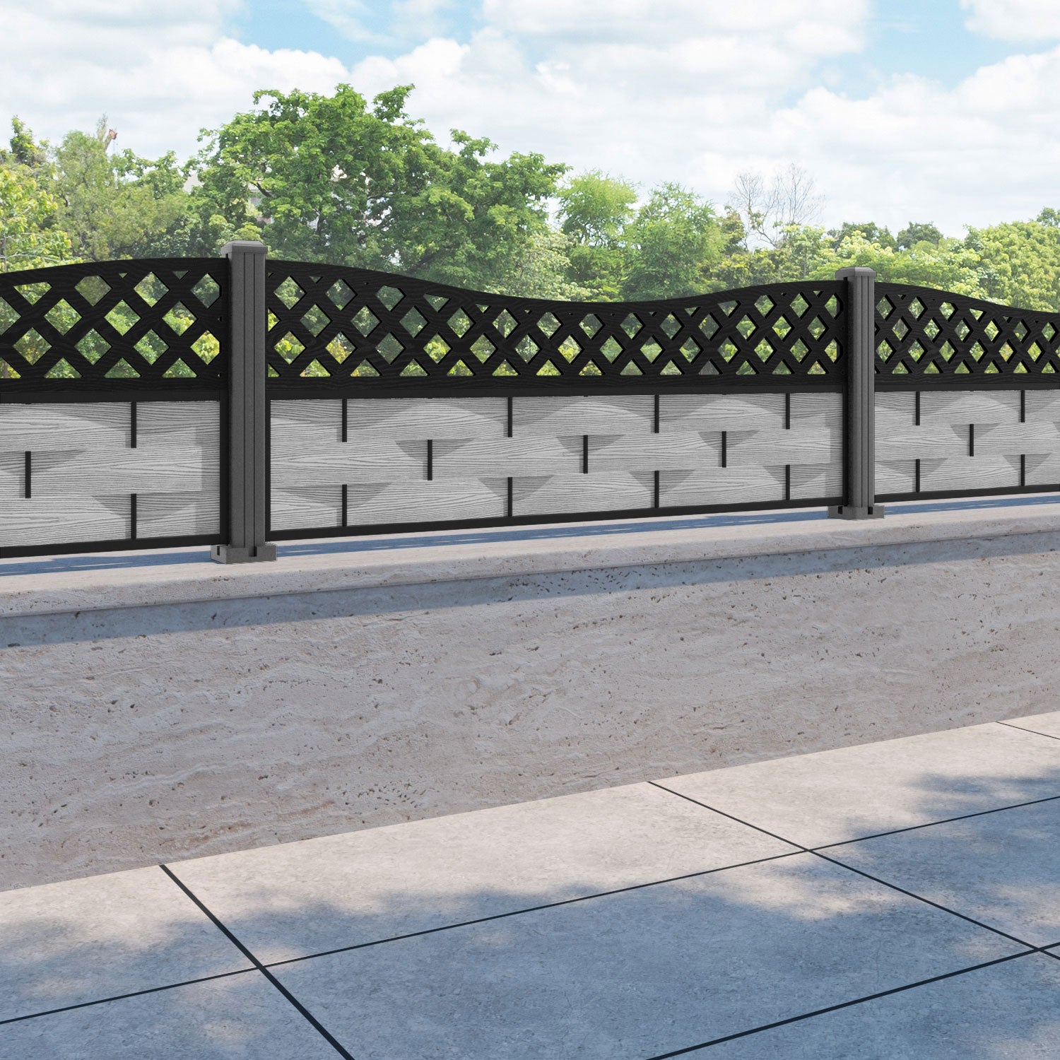 Ripple Low Wave Fence Panel - Light Grey - with our aluminium posts