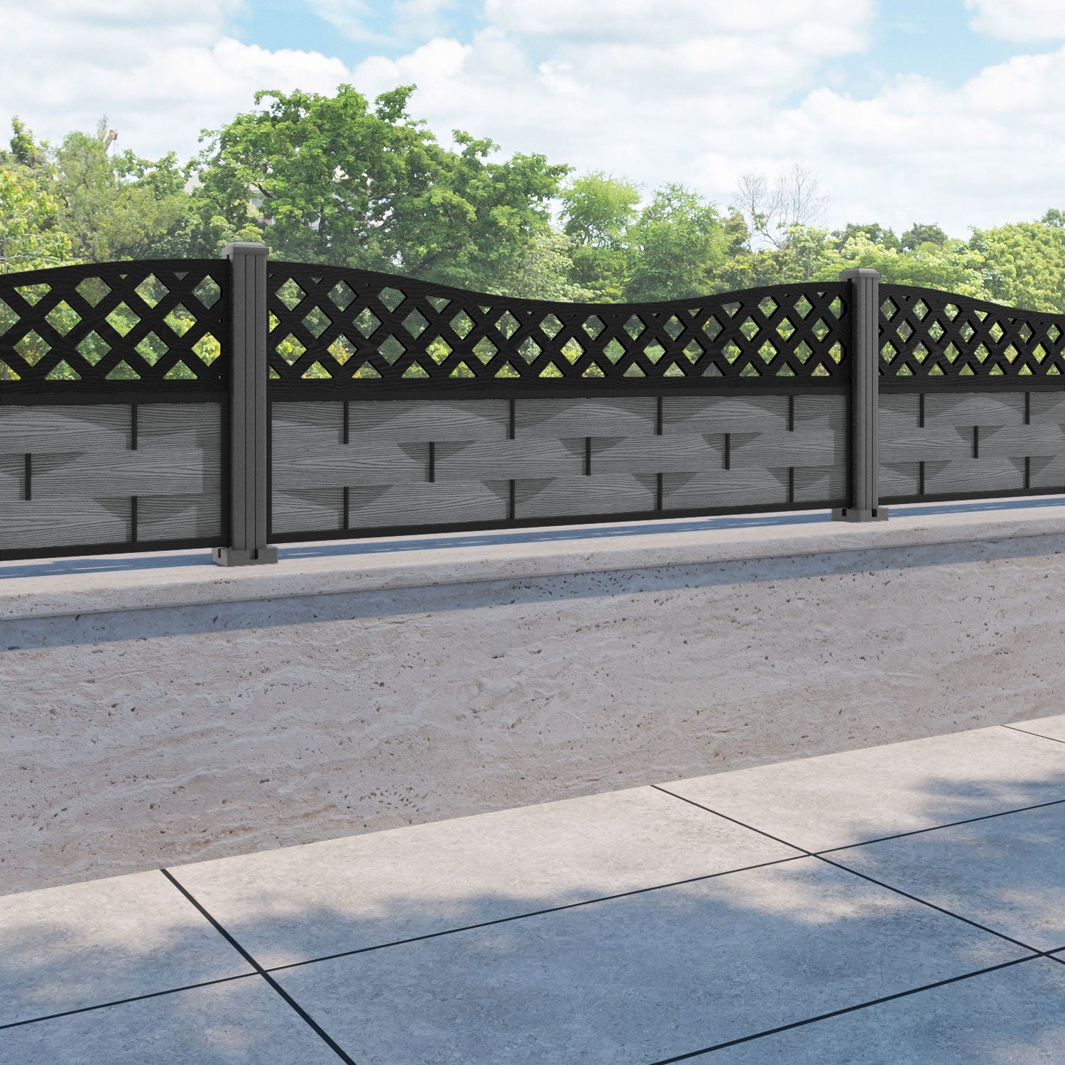 Ripple Low Wave Fence Panel - Mid Grey - with our aluminium posts