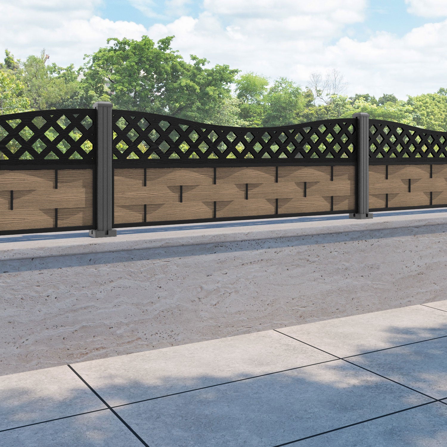 Ripple Low Wave Fence Panel - Teak - with our aluminium posts