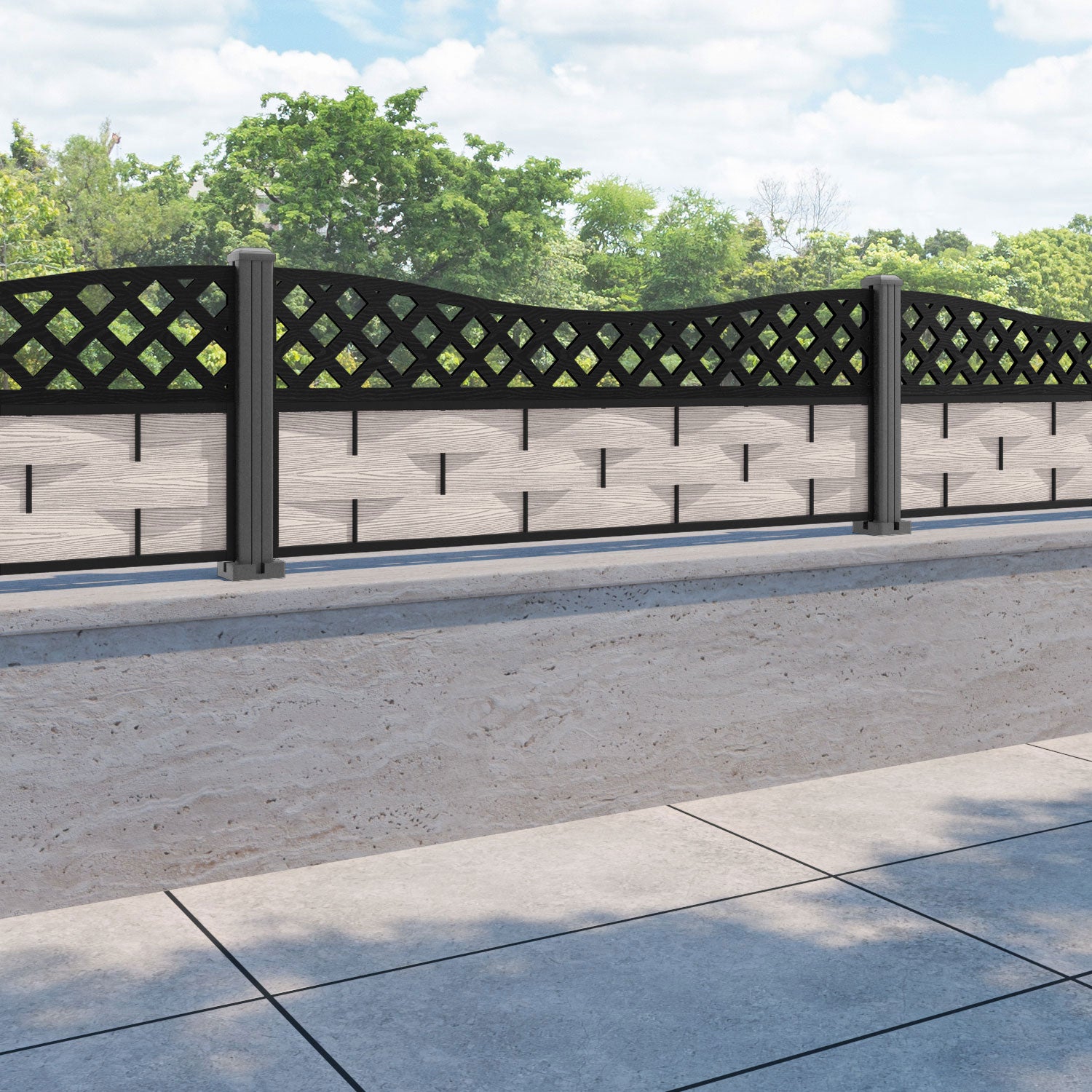 Ripple Low Wave Curved Top Fence Panel - Mid Stone - with our aluminium posts