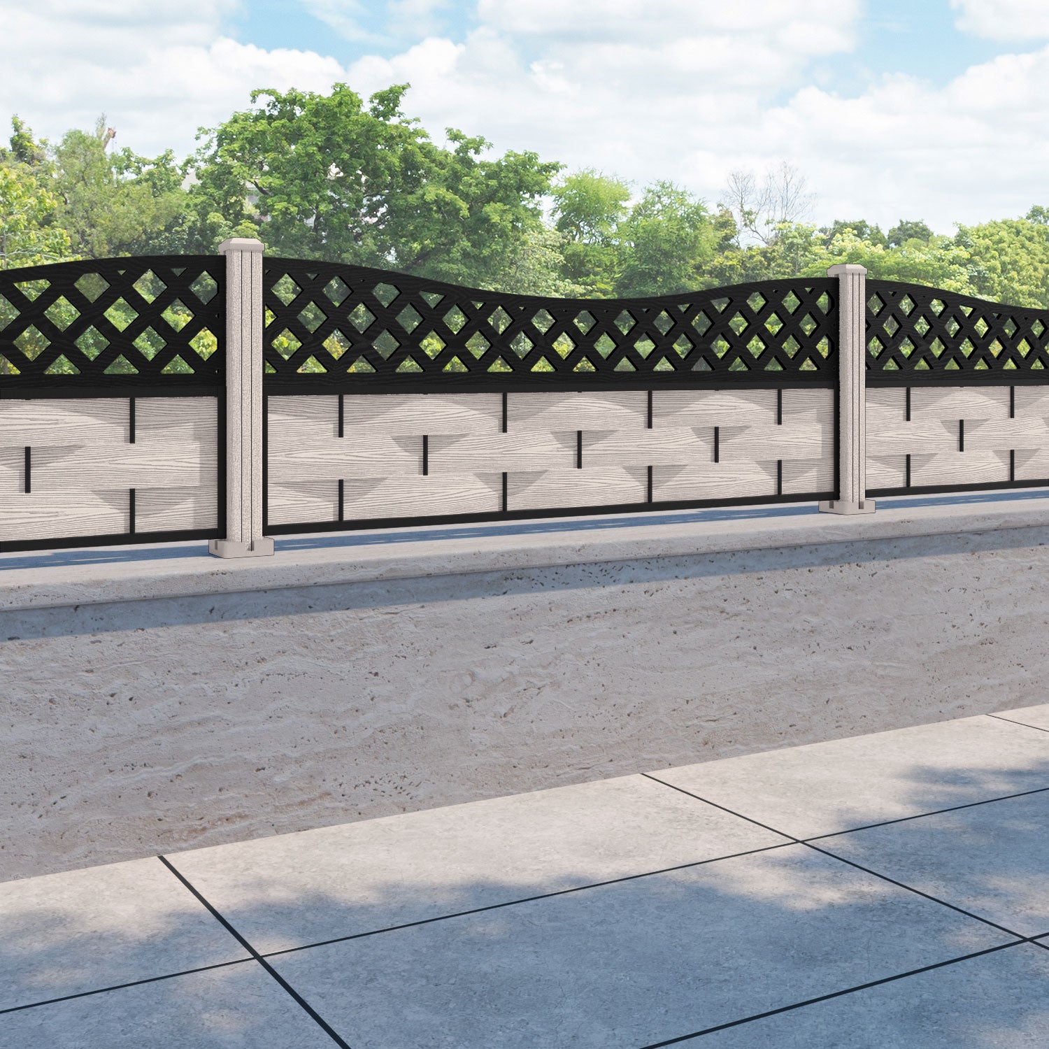 Ripple Low Wave Curved Top Fence Panel - Mid Stone - with our composite posts