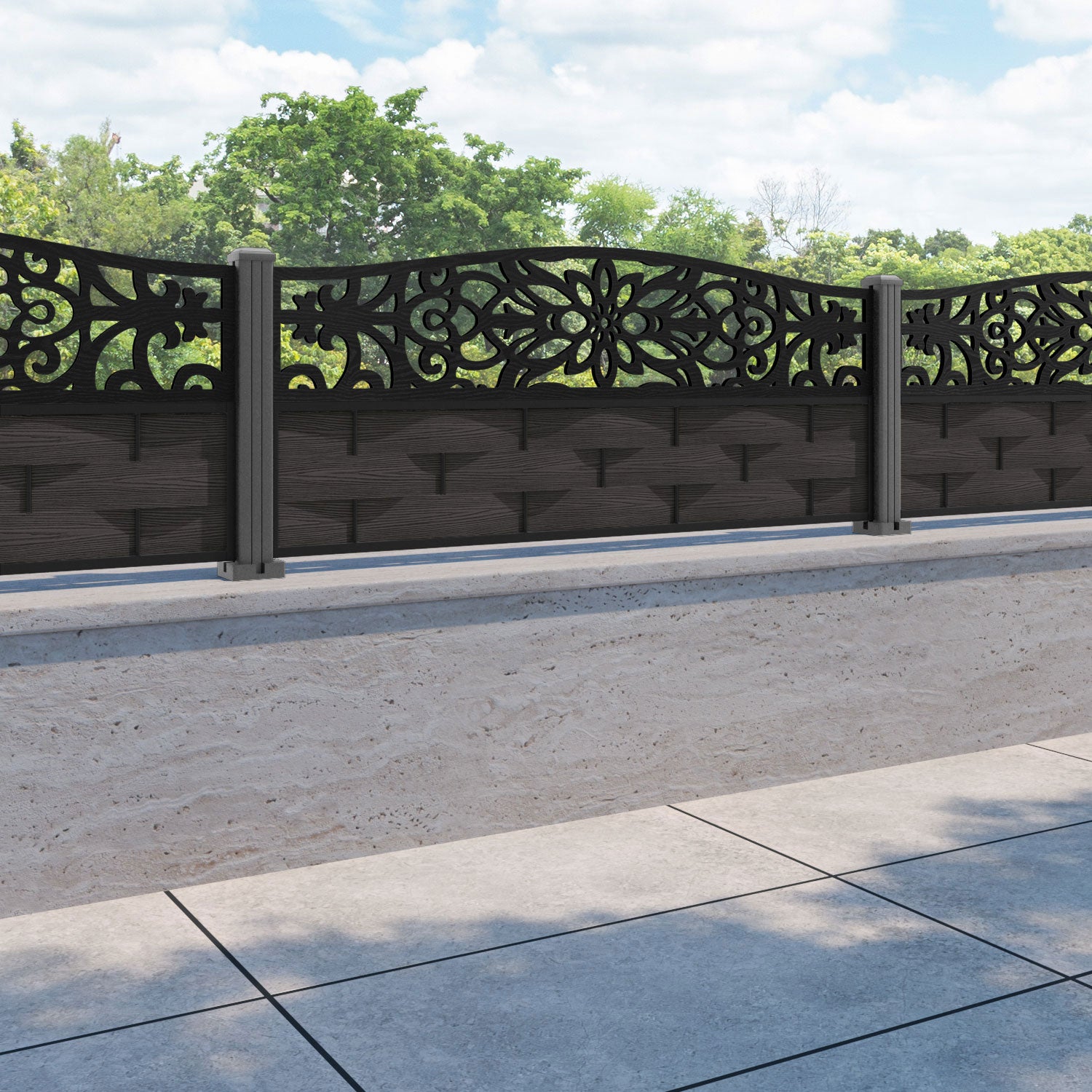 Ripple Windsor Curved Top Fence Panel - Dark Oak - with our aluminium posts