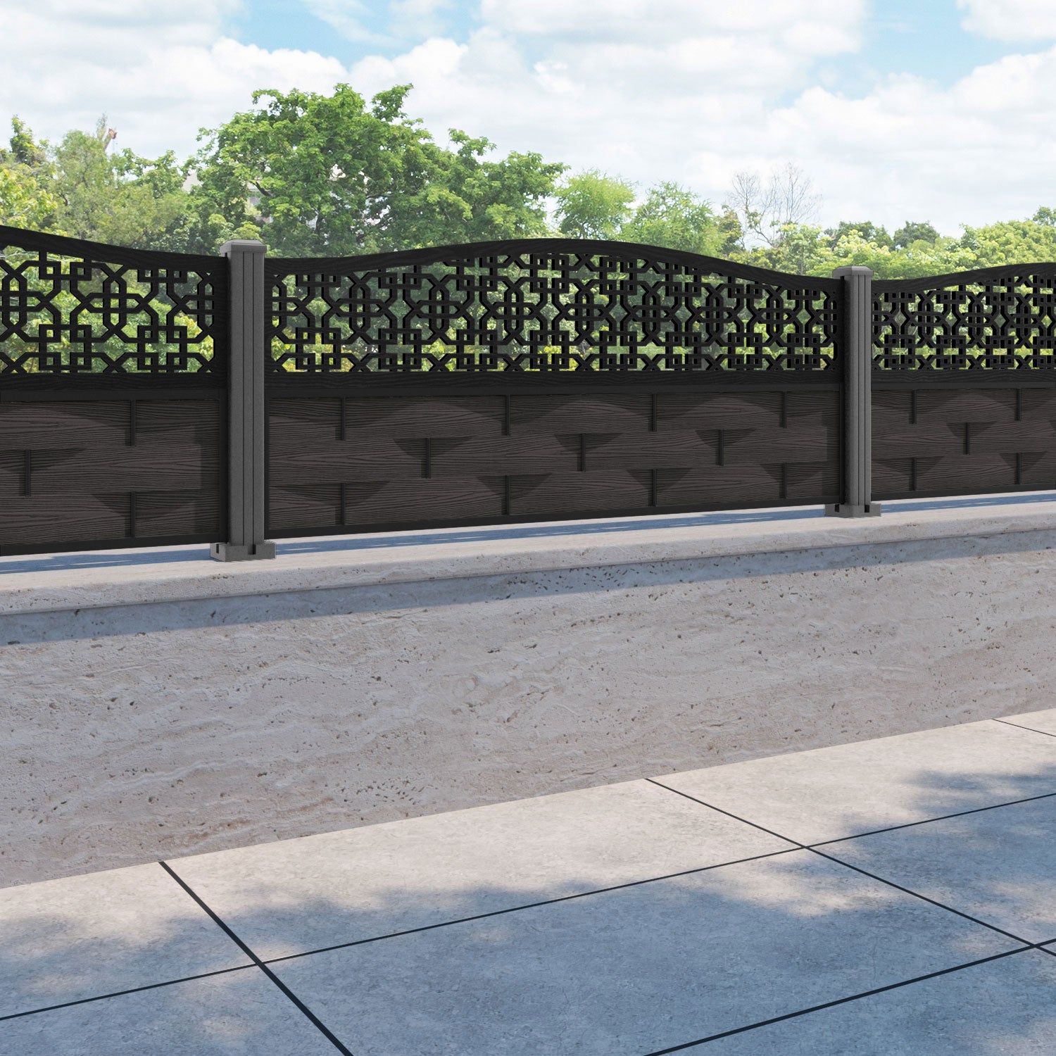 Ripple Zaria Curved Top Fence Panel - Dark Oak - with our aluminium posts