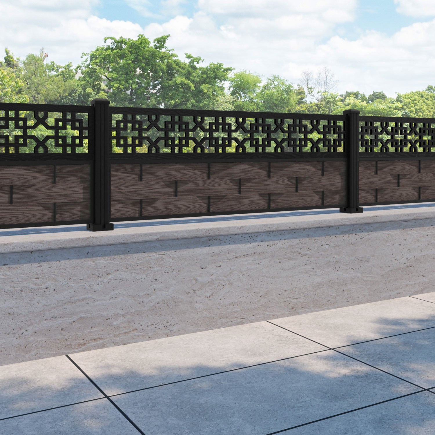 Ripple Zaria Fence Panel - Mid Brown - with our aluminium posts