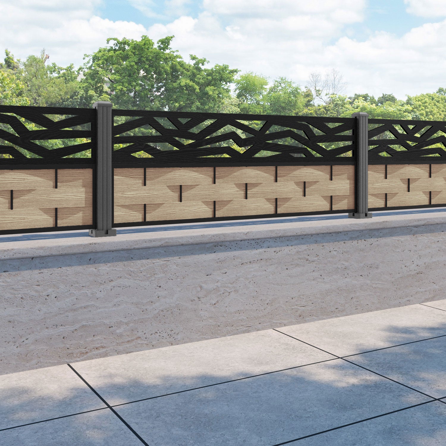 Ripple Zenith Fence Panel - Light Oak - with our aluminium posts