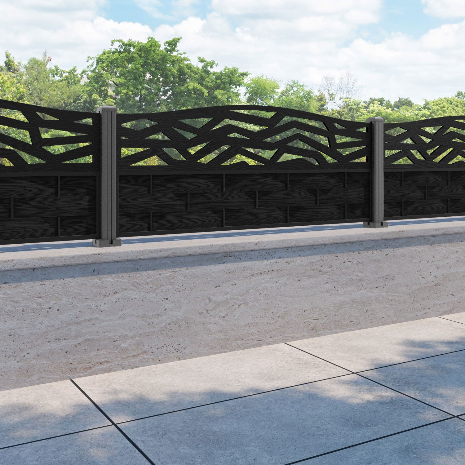 Ripple Zenith Curved Top Fence Panel - Black - with our aluminium posts