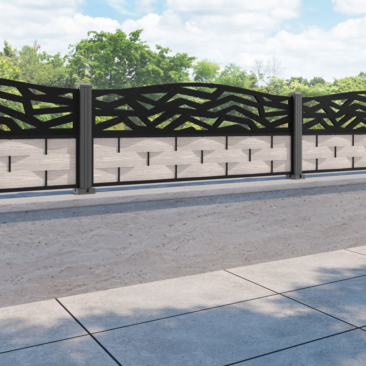 Ripple Zenith Curved Top Fence Panel - Mid Stone - with our aluminium posts