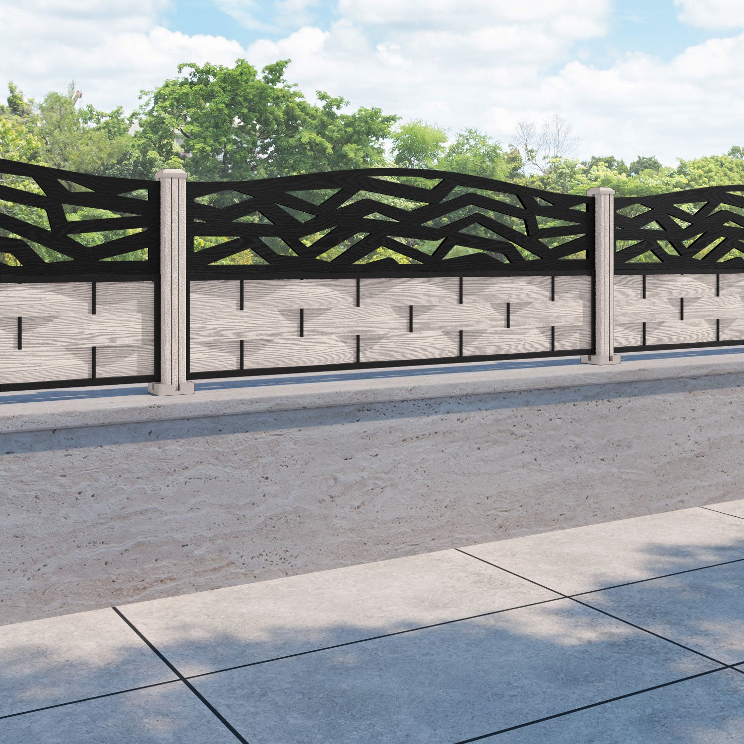 Ripple Zenith Curved Top Fence Panel - Mid Stone - with our composite posts