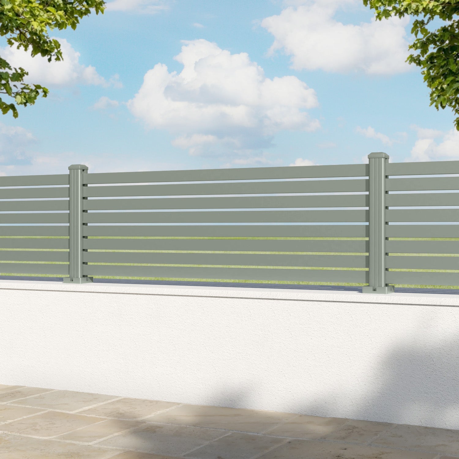 Aria Aluminium Fence Panel - Sage - with our aluminium posts