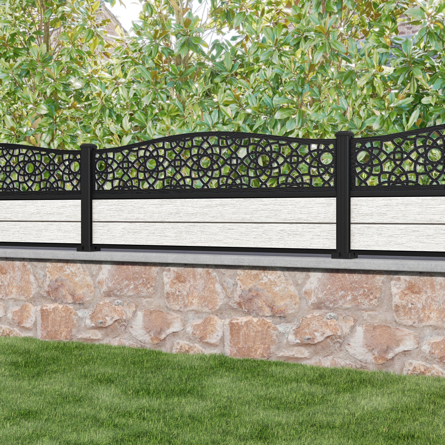 Fusion Ambar Curved Top Fence Panel - Light Stone - with our aluminium posts