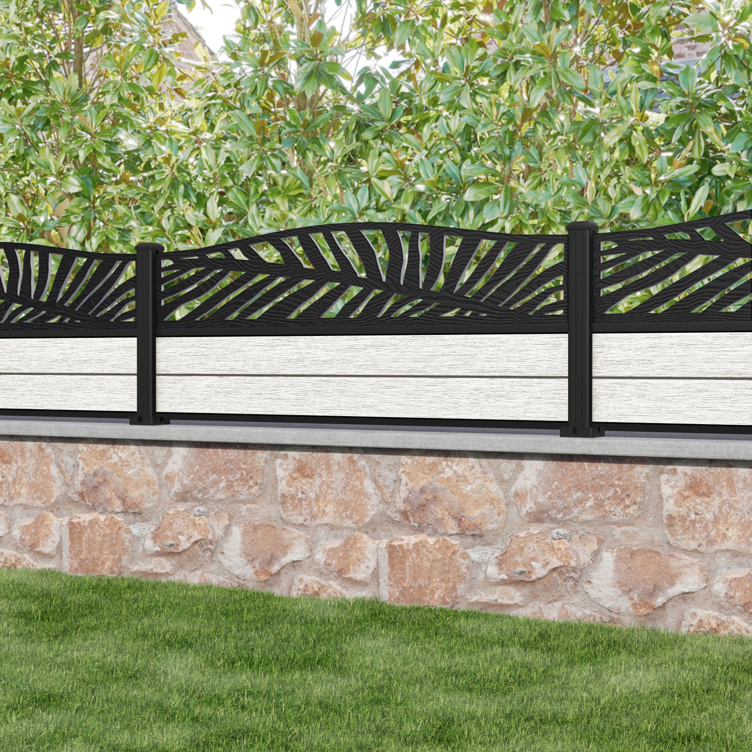 Fusion Palm Curved Top Fence Panel - Light Stone - with our aluminium posts