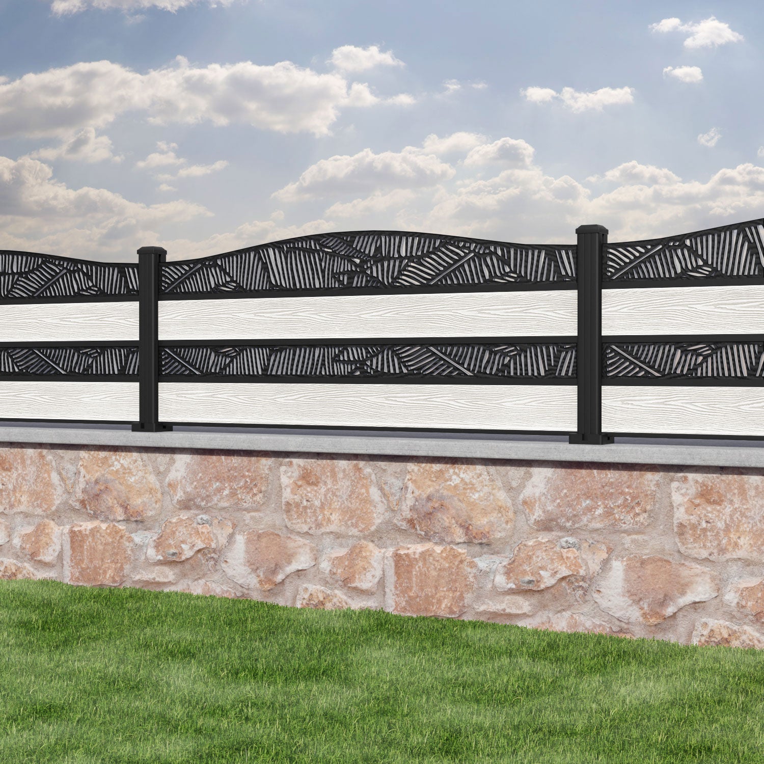 Classic Feather Curved Top Split Screen Fence Panel - Light Stone - with our aluminium posts