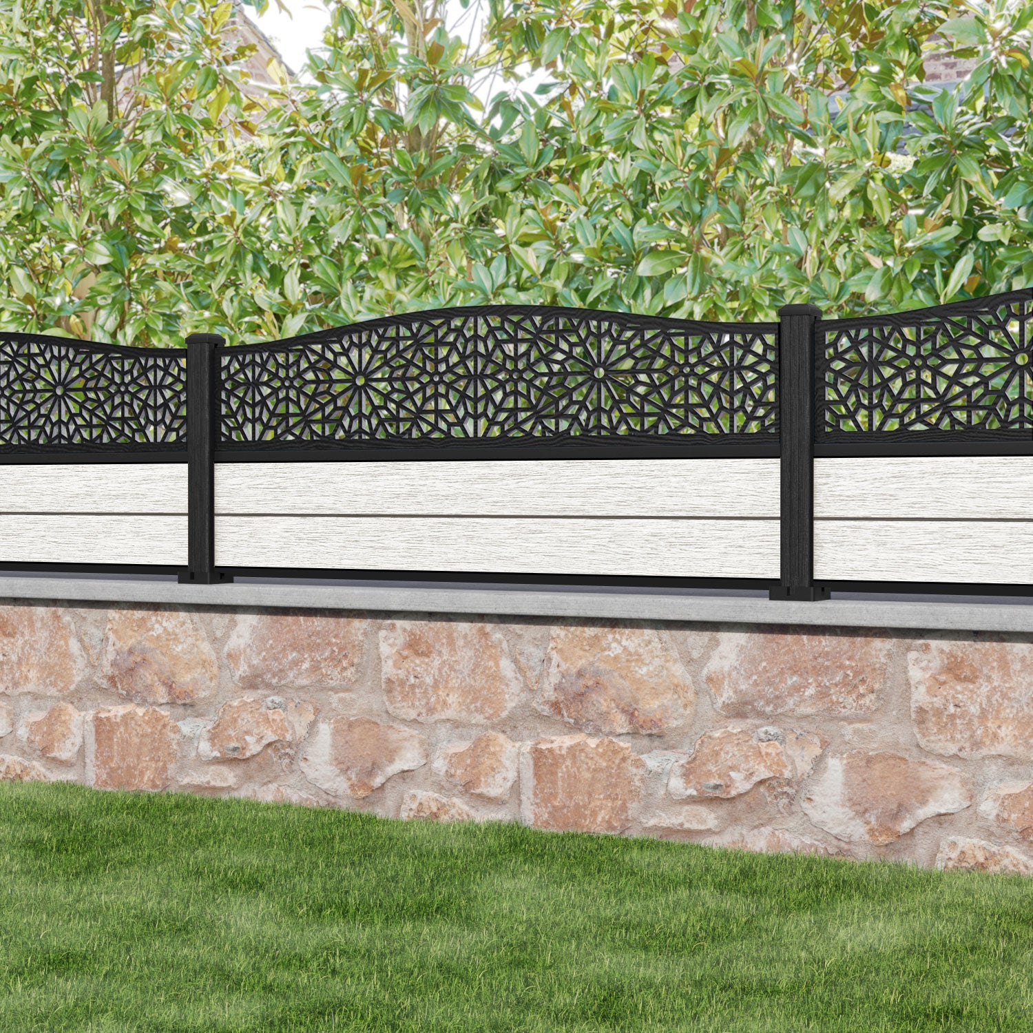 Fusion Alnara Curved Top Fence Panel - Light Stone - with our composite posts