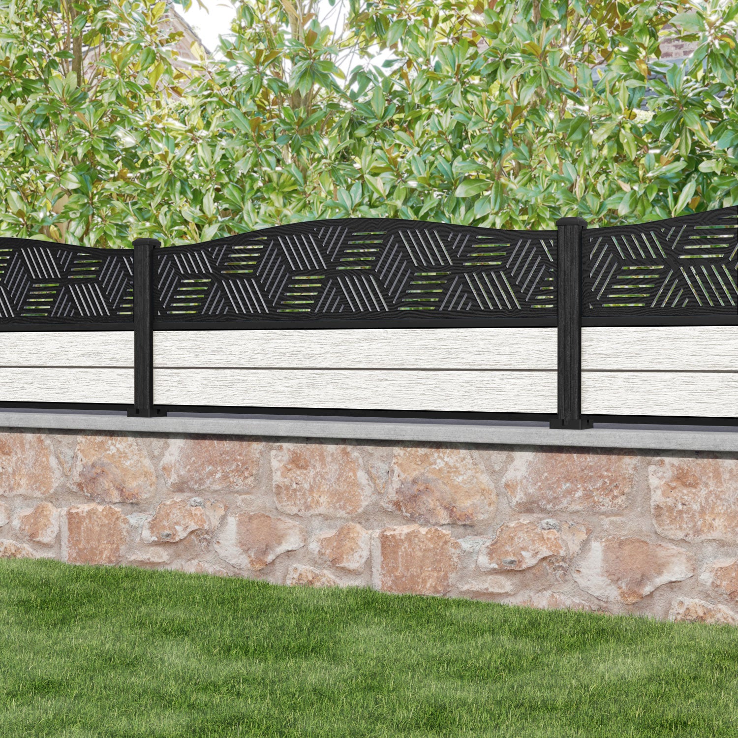 Fusion Cubed Curved Top Fence Panel - Light Stone - with our composite posts