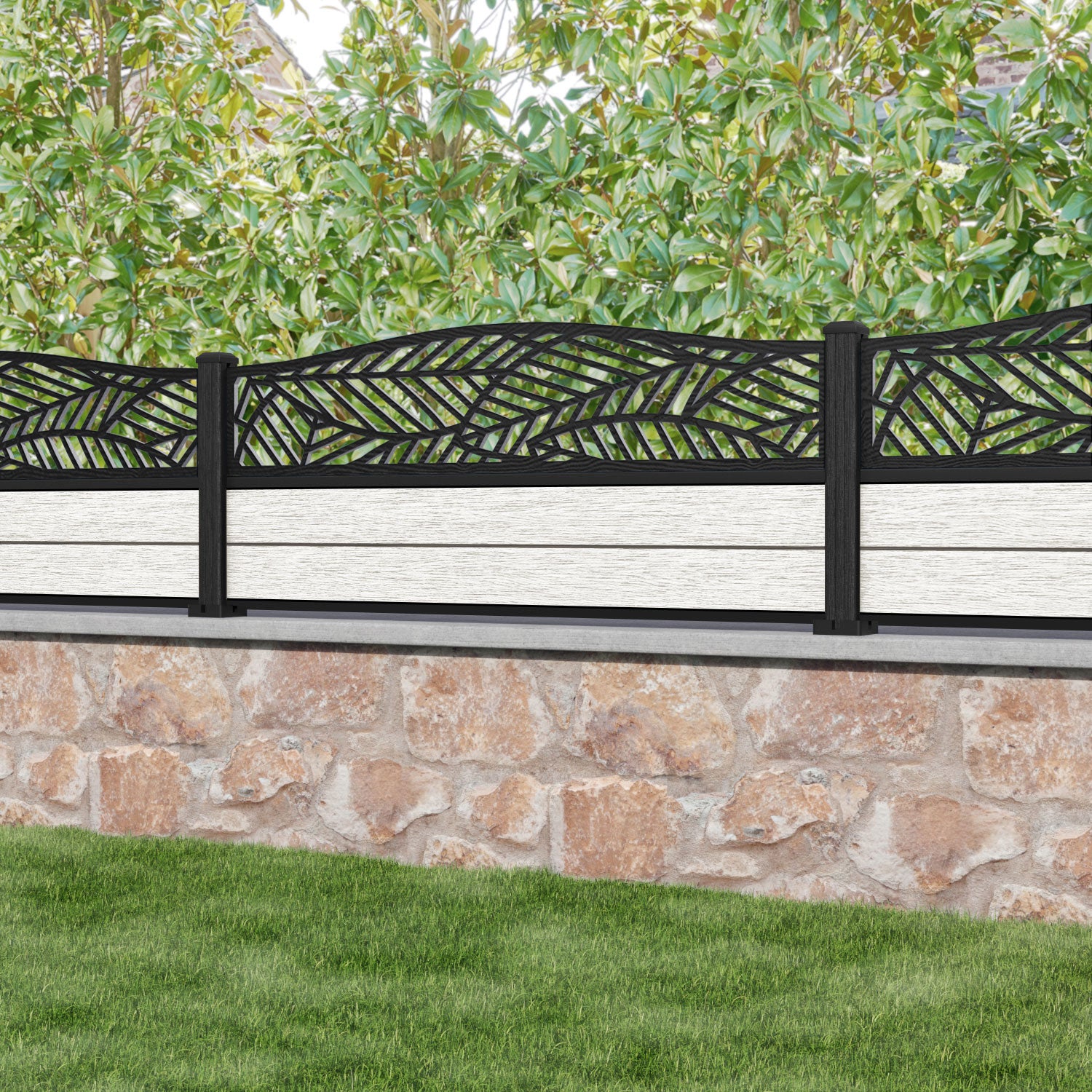Fusion Habitat Curved Top Fence Panel - Light Stone - with our composite posts