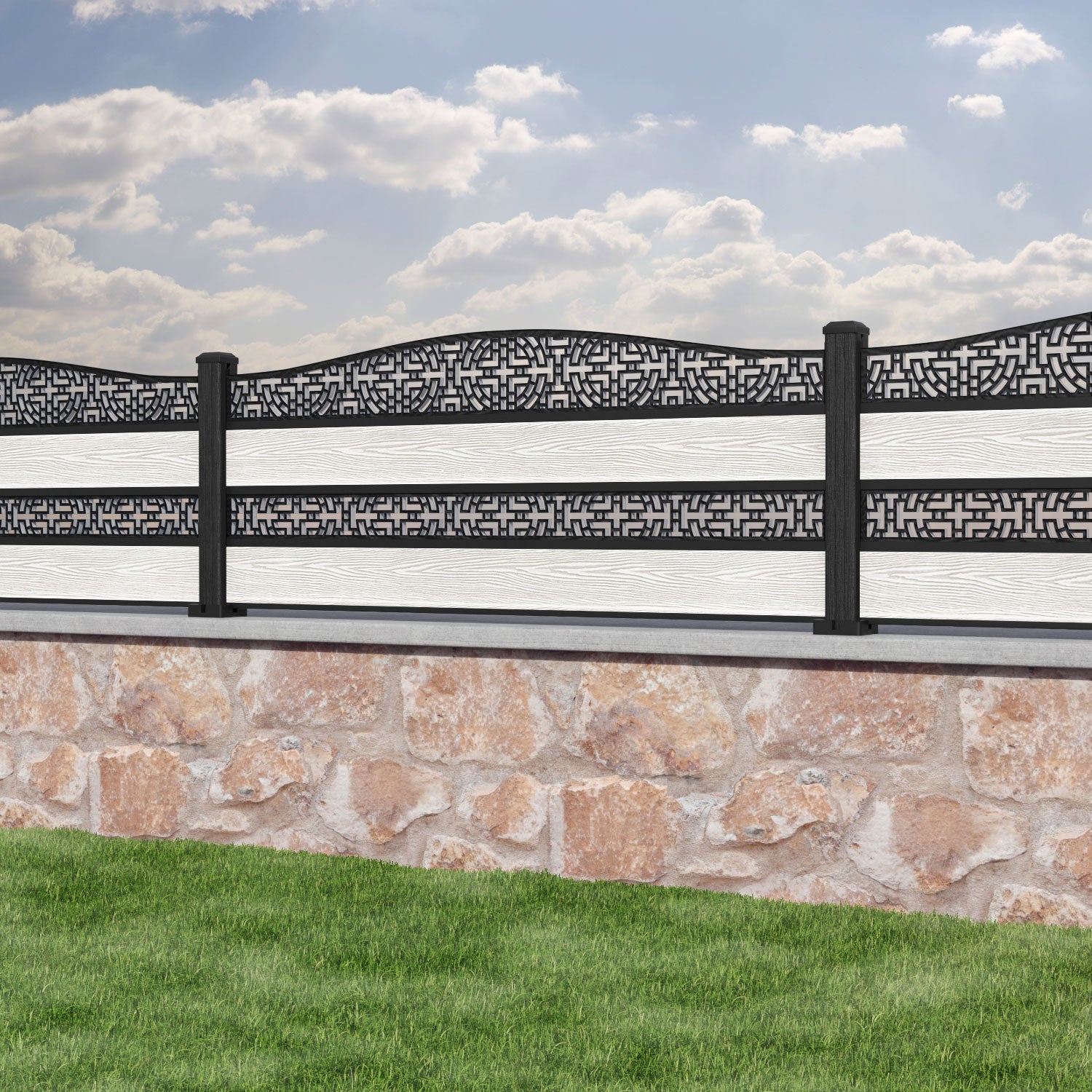 Classic Kumo Curved Top Split Screen Fence Panel - Light Stone - with our composite posts