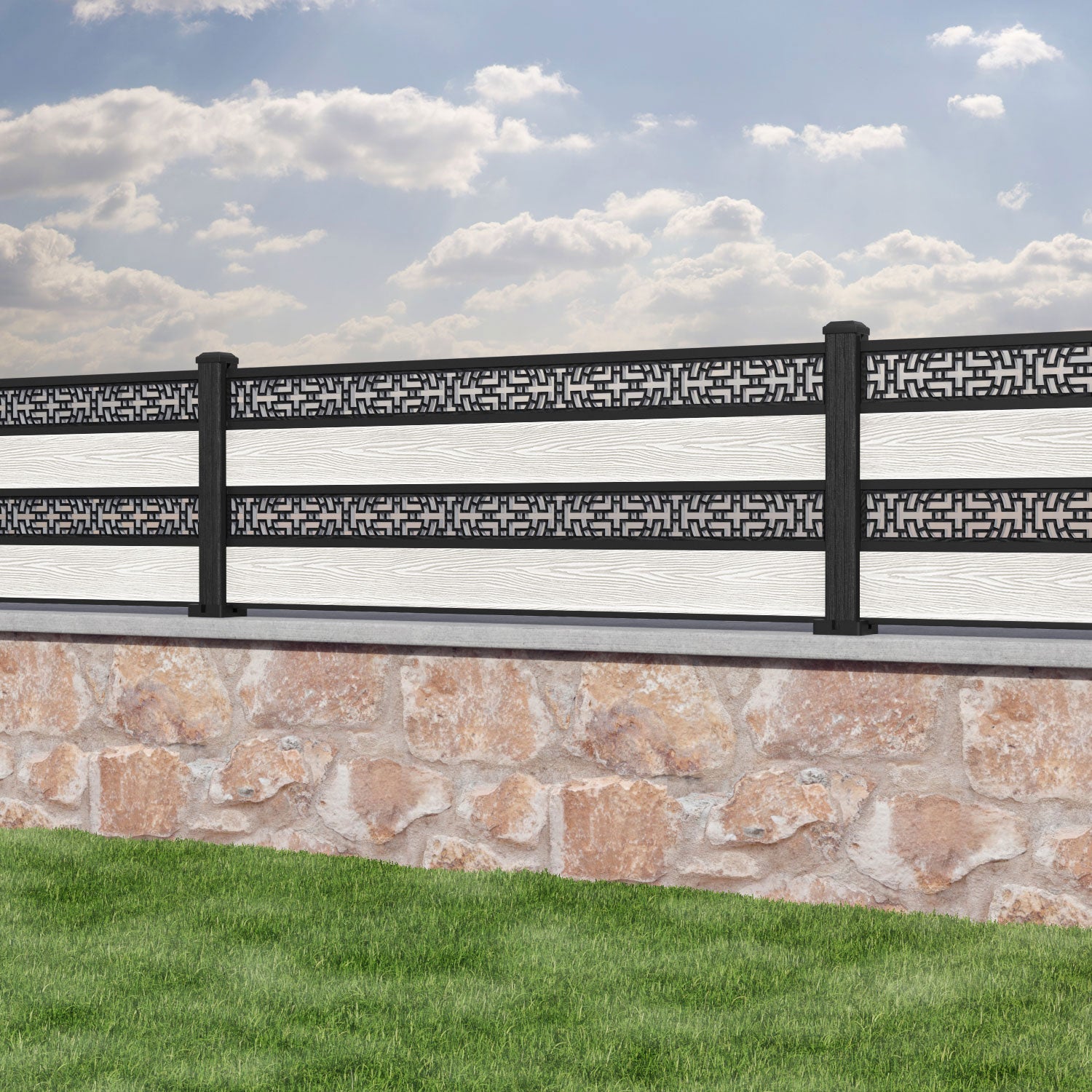 Classic Kumo Split Screen Fence Panel - Light Stone - with our composite posts