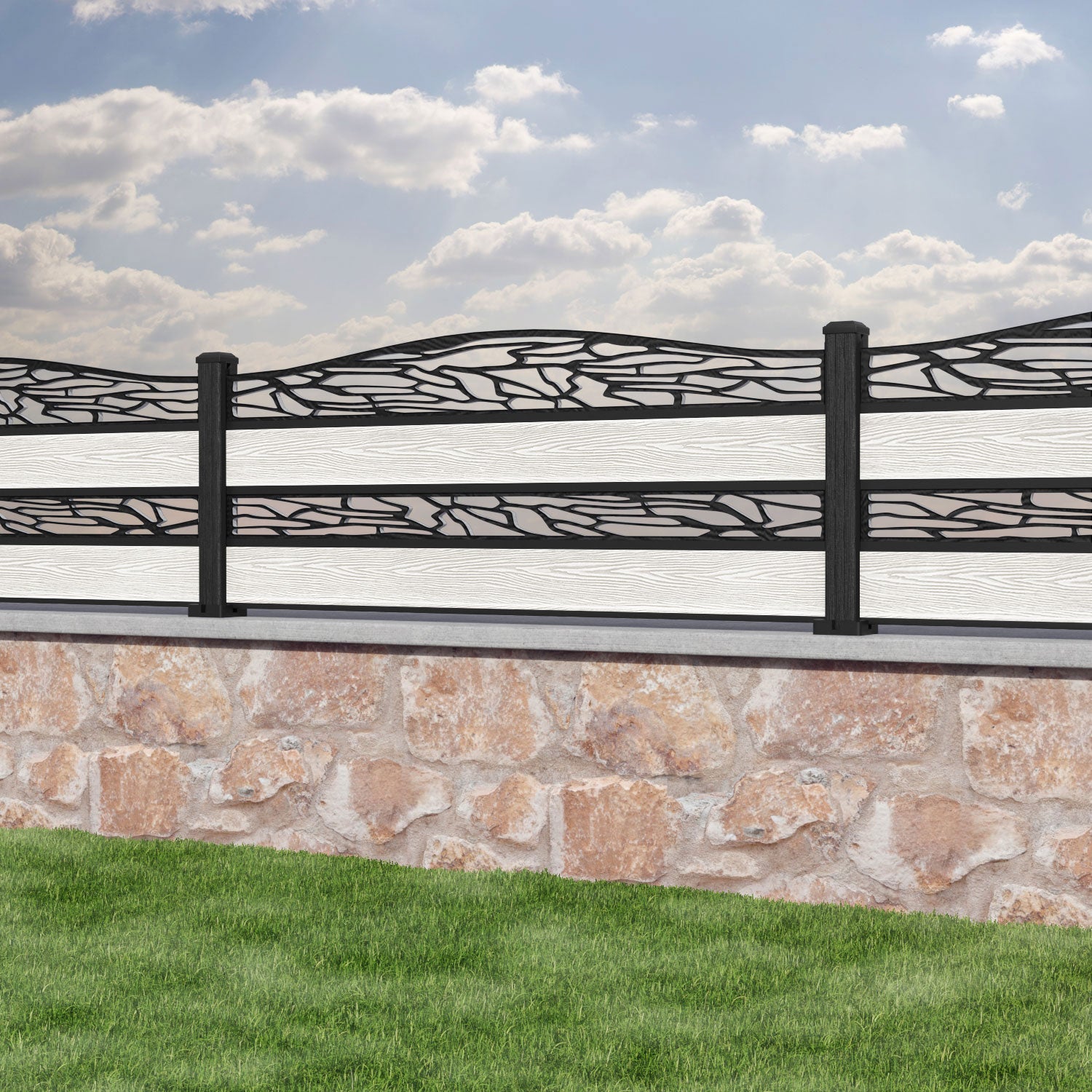 Classic Shatter Curved Top Split Screen Fence Panel - Light Stone - with our composite posts