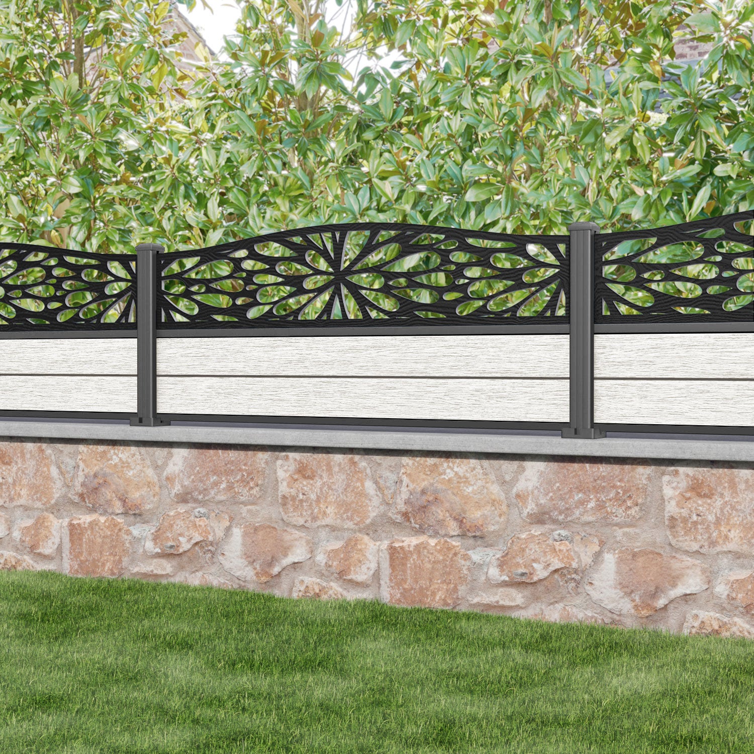 Fusion Blossom Curved Top Fence Panel - Light Stone - with our aluminium posts