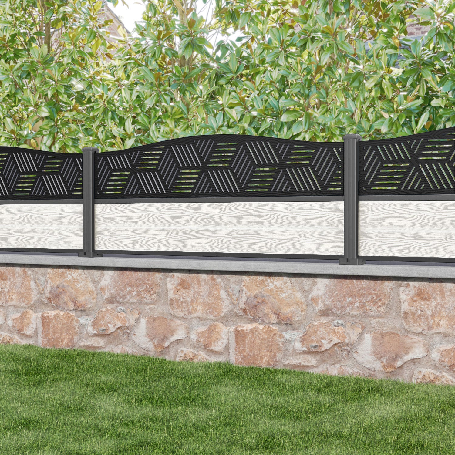 Classic Cubed Curved Top Fence Panel - Light Stone - with our aluminium posts