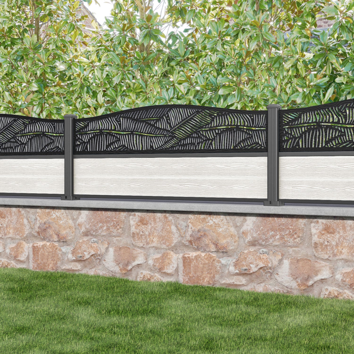Classic Feather Curved Top Fence Panel - Light Stone - with our aluminium posts