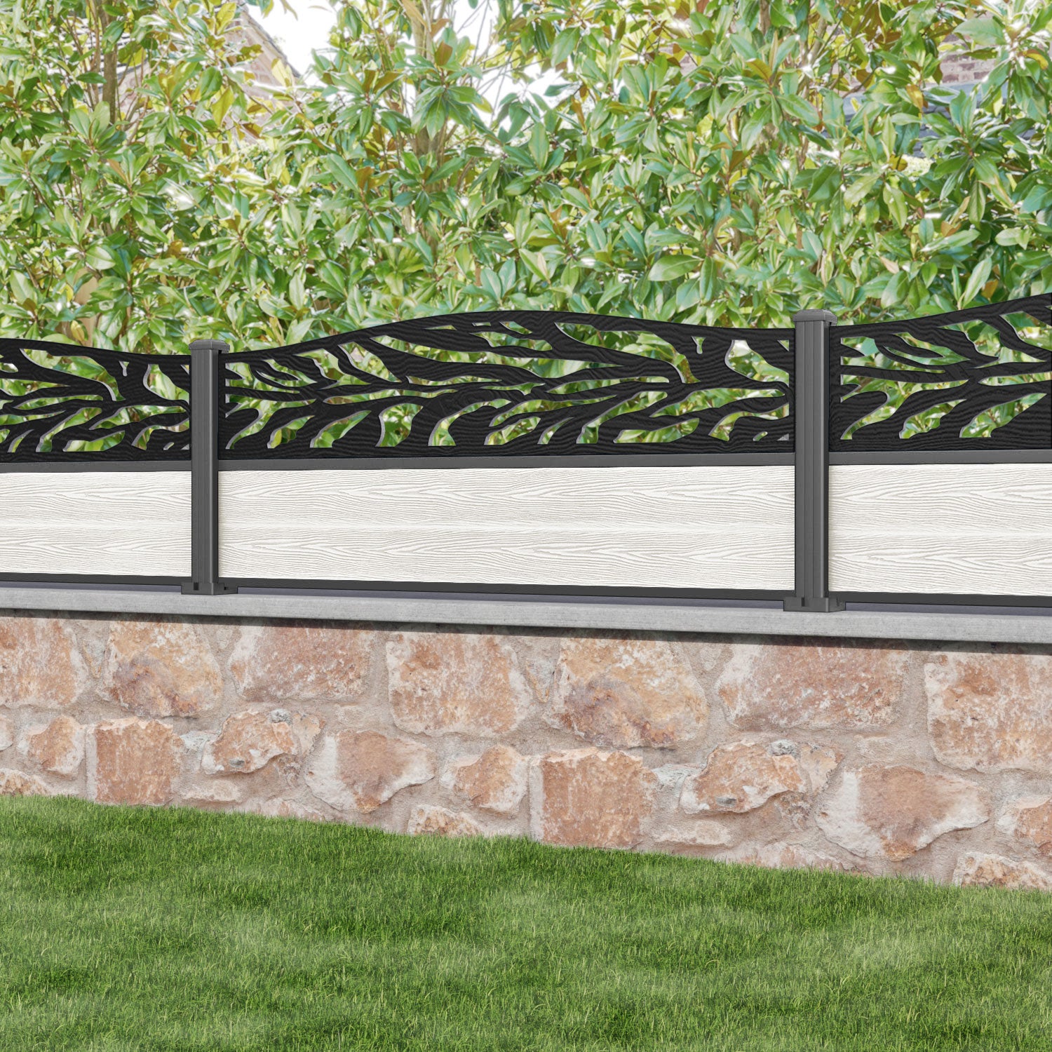 Classic Malawi Curved Top Fence Panel - Light Stone - with our aluminium posts