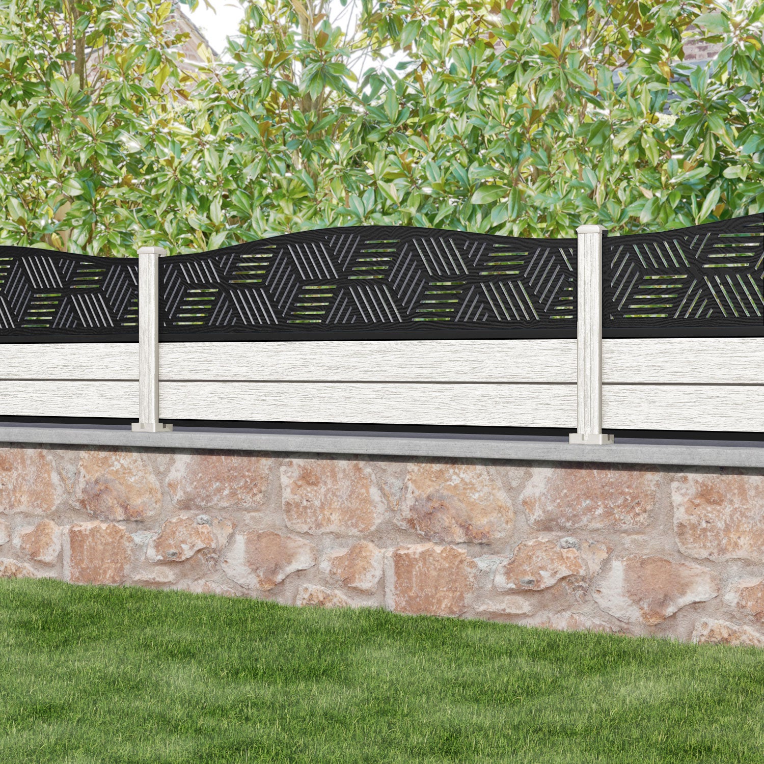Fusion Cubed Curved Top Fence Panel - Light Stone - with our composite posts