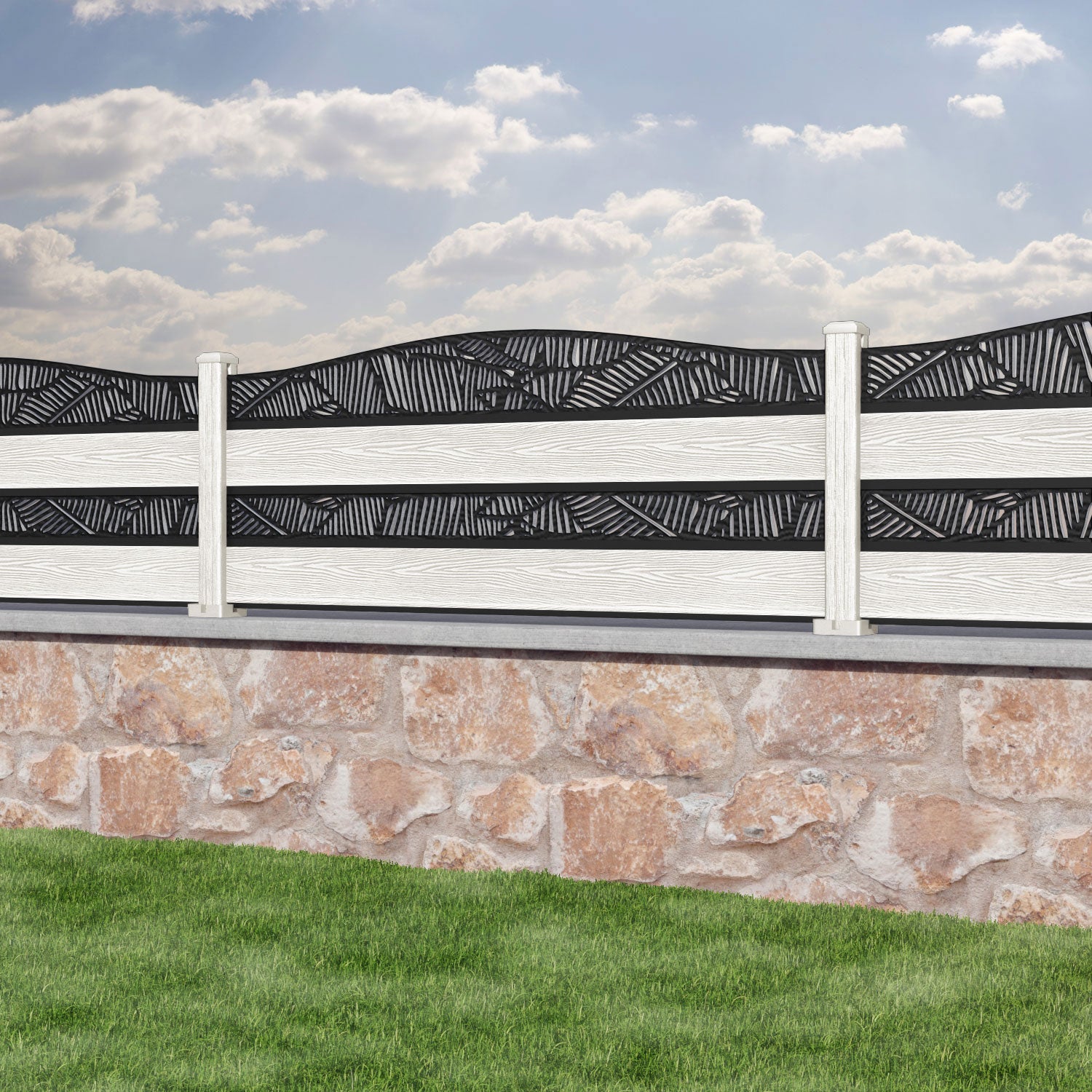 Classic Feather Curved Top Split Screen Fence Panel - Light Stone - with our composite posts