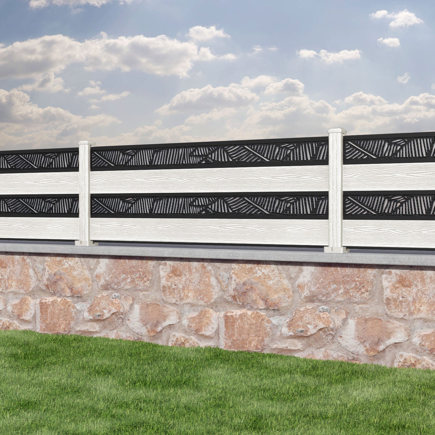 Classic Feather Split Screen Fence Panel - Light Stone - with our composite posts