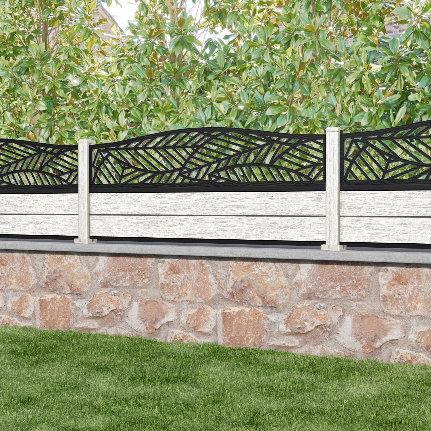 Fusion Habitat Curved Top Fence Panel - Light Stone - with our composite posts