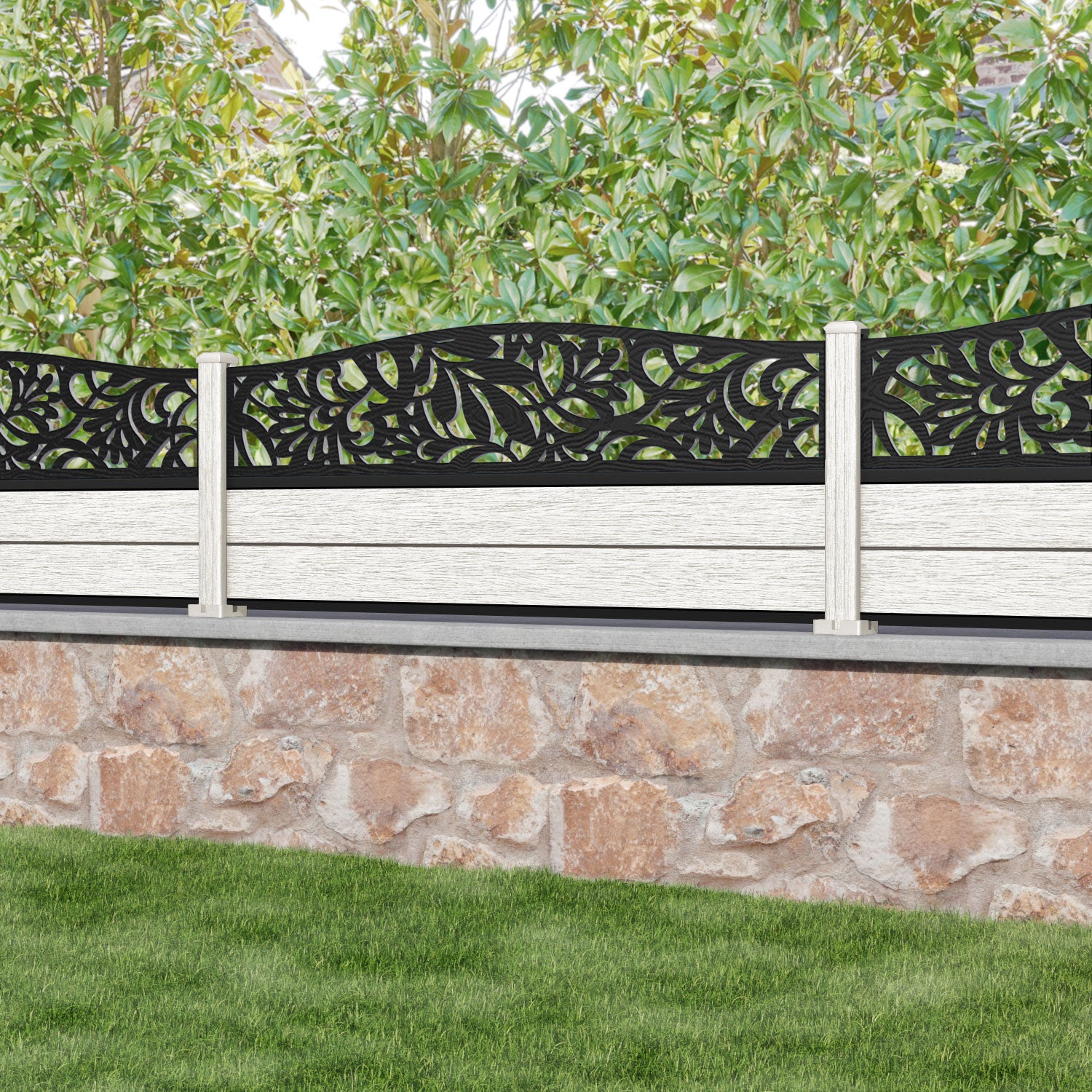 Fusion Heritage Curved Top Fence Panel - Light Stone - with our composite posts