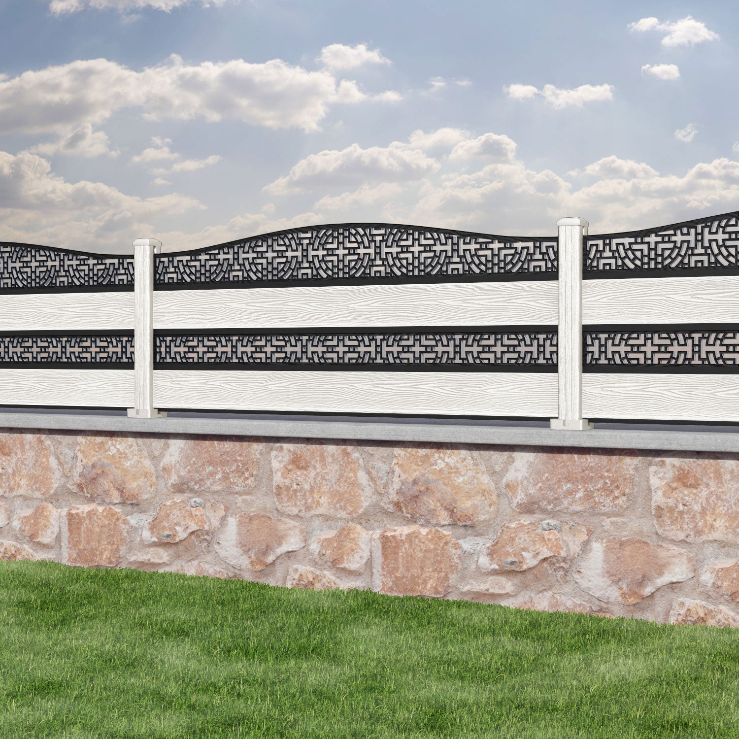 Classic Kumo Curved Top Split Screen Fence Panel - Light Stone - with our composite posts