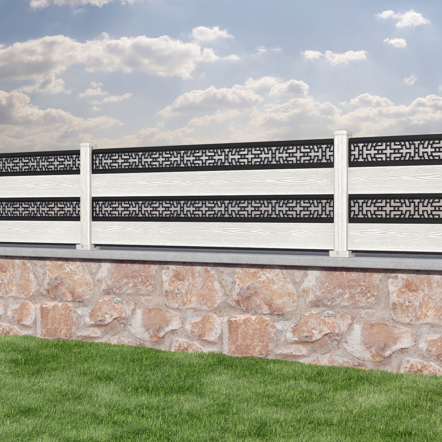 Classic Kumo Split Screen Fence Panel - Light Stone - with our composite posts