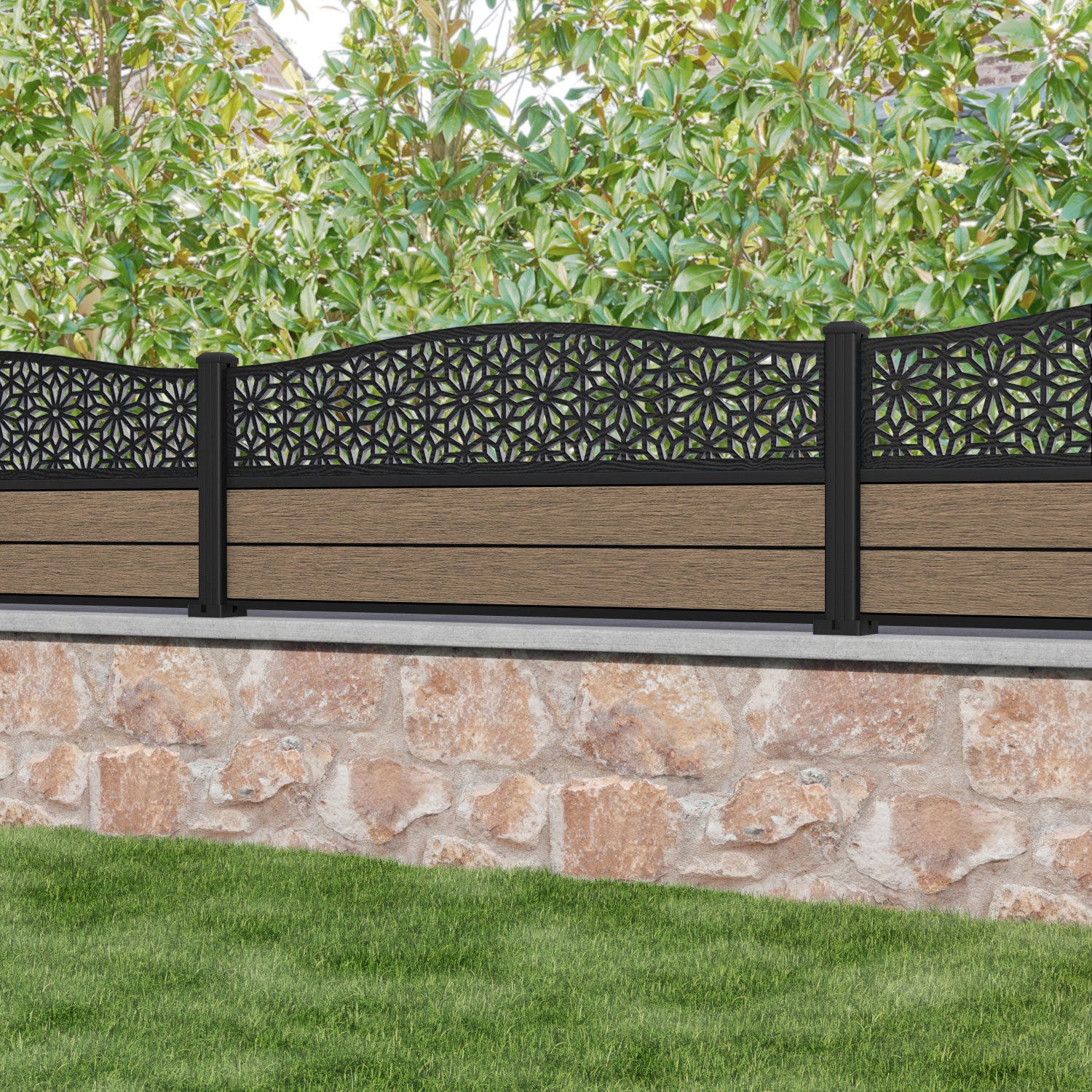 Fusion Narwa Curved Top Fence Panel - Teak - with our aluminium posts