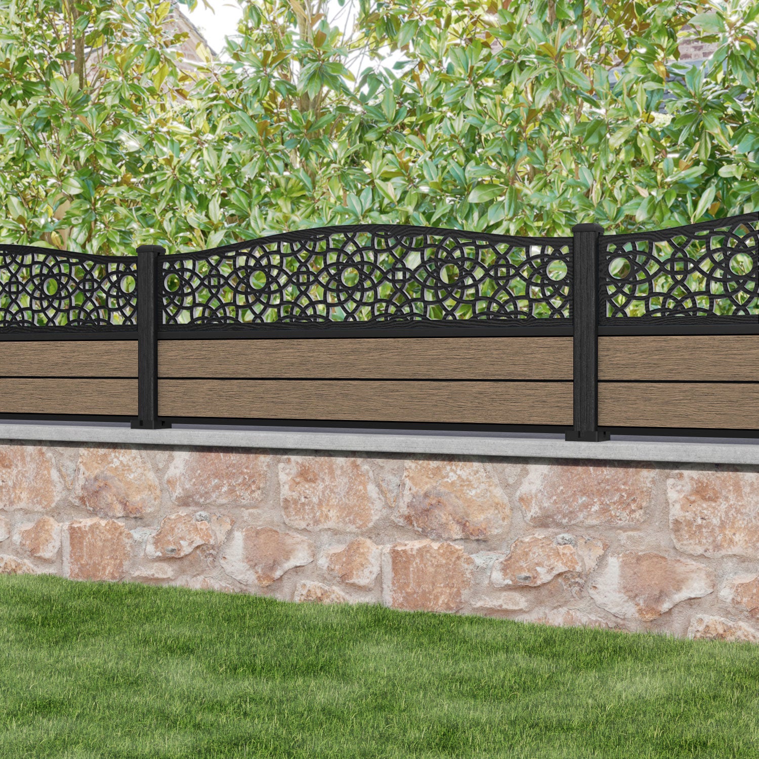 Fusion Ambar Curved Top Fence Panel - Teak - with our composite posts