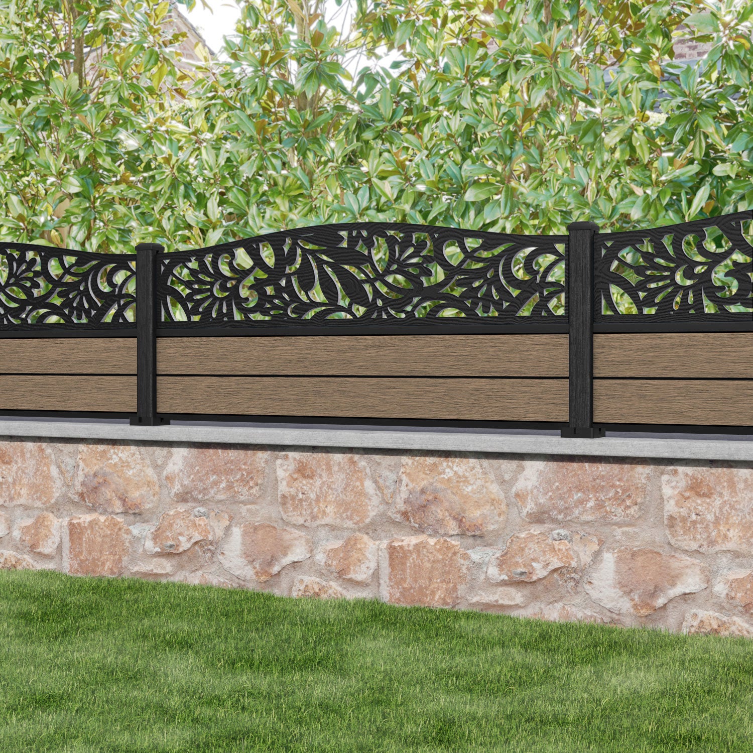 Fusion Heritage Curved Top Fence Panel - Teak - with our composite posts