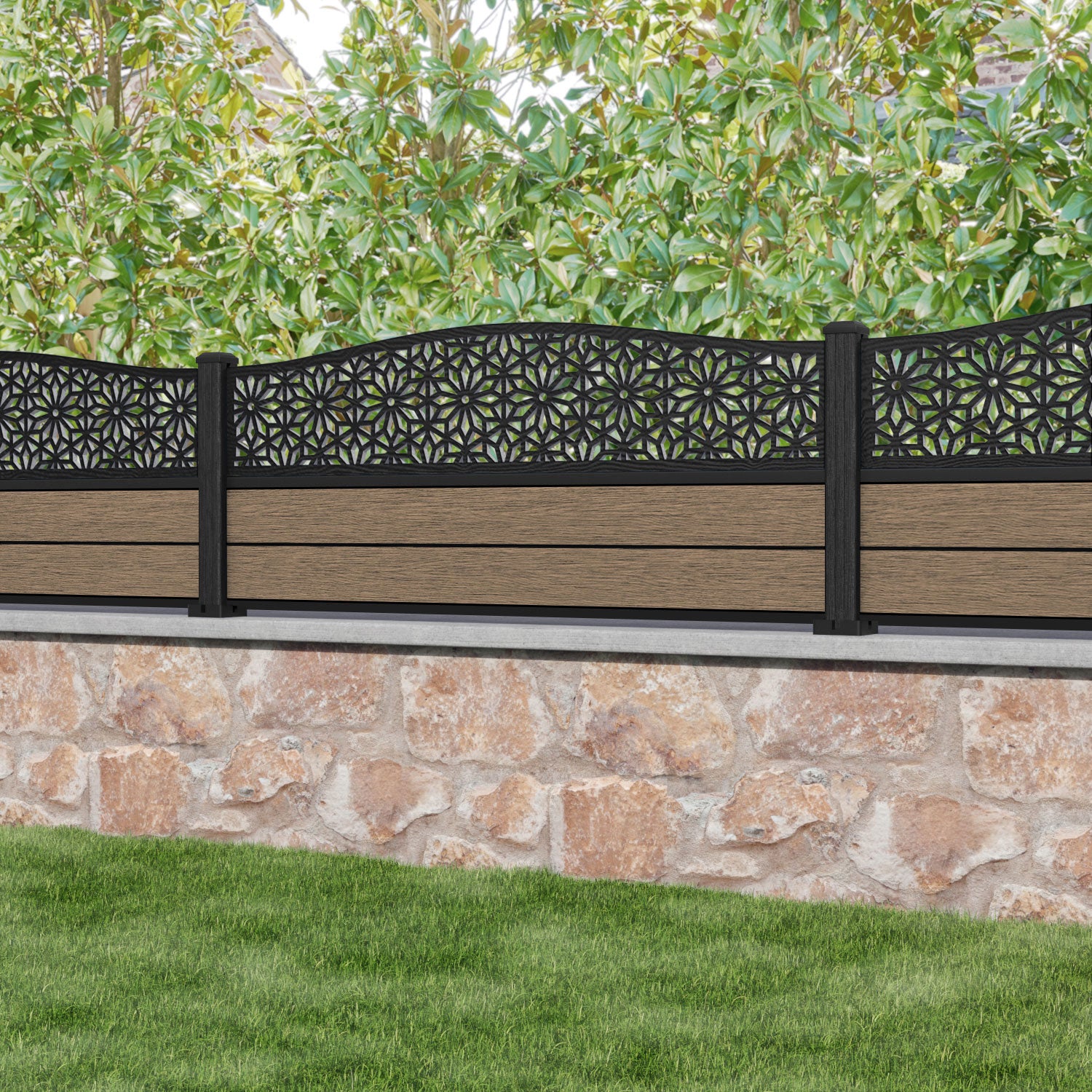 Fusion Narwa Curved Top Fence Panel - Teak - with our composite posts