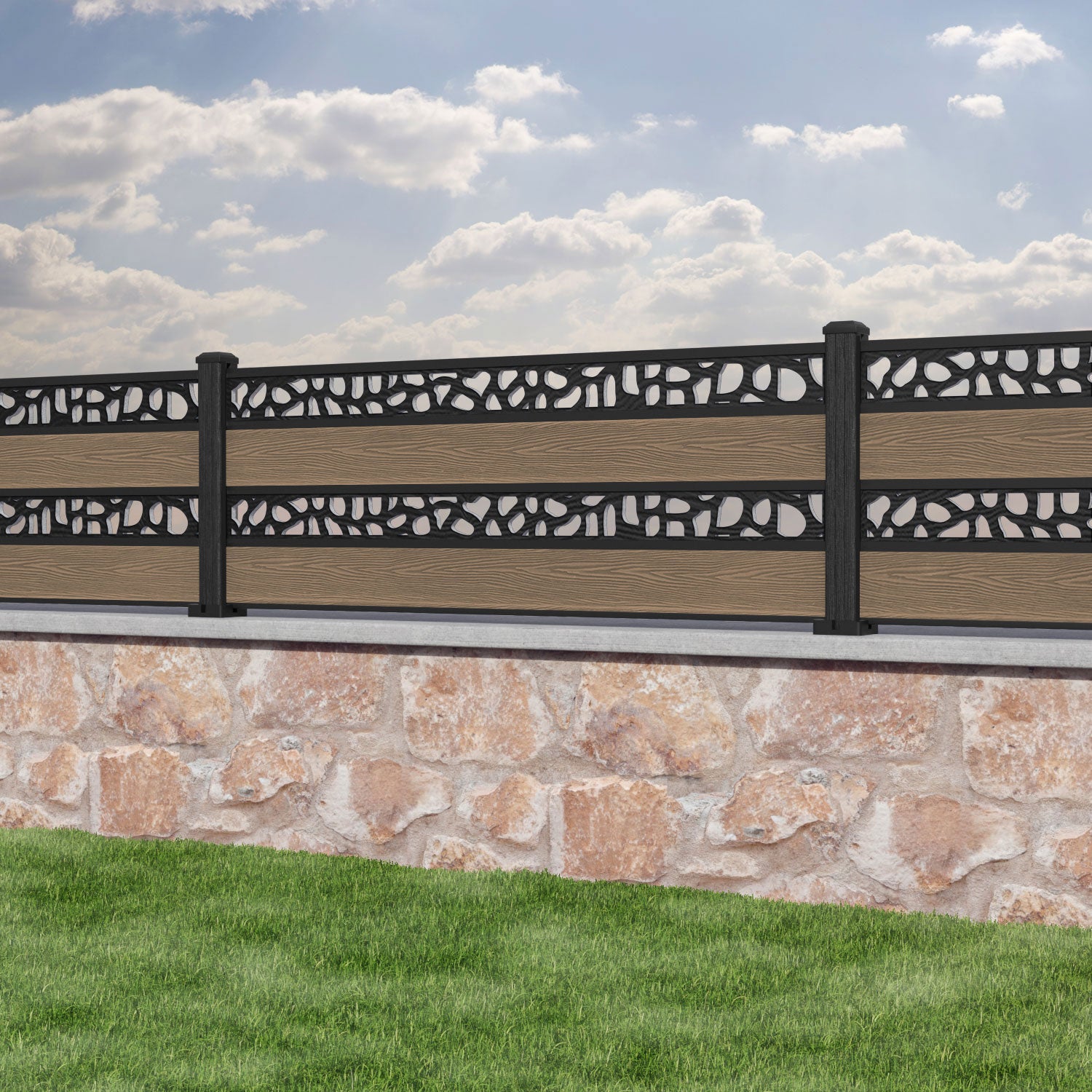 Classic Pebble Split Screen Fence Panel - Teak - with our composite posts