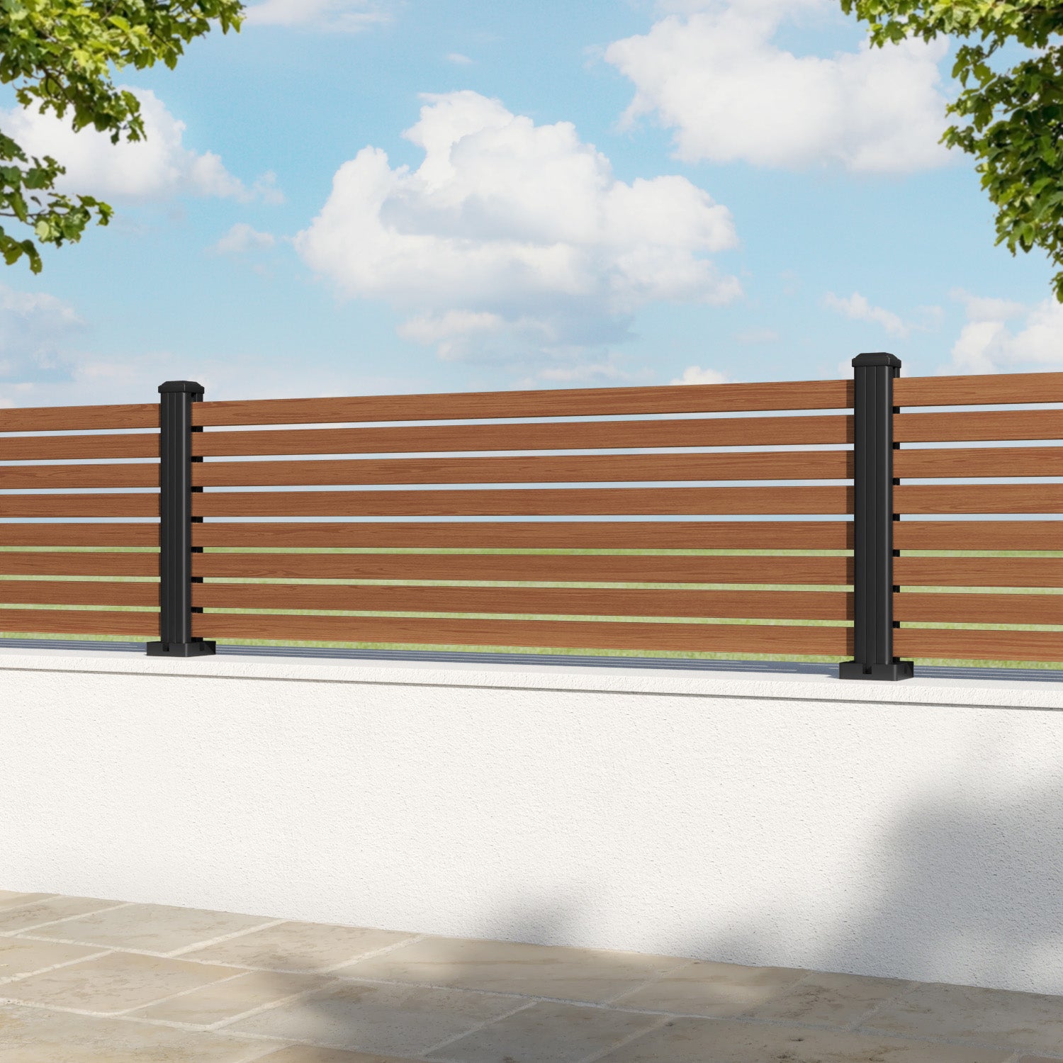 Aria Aluminium Fence Panel - Teak - with our aluminium posts
