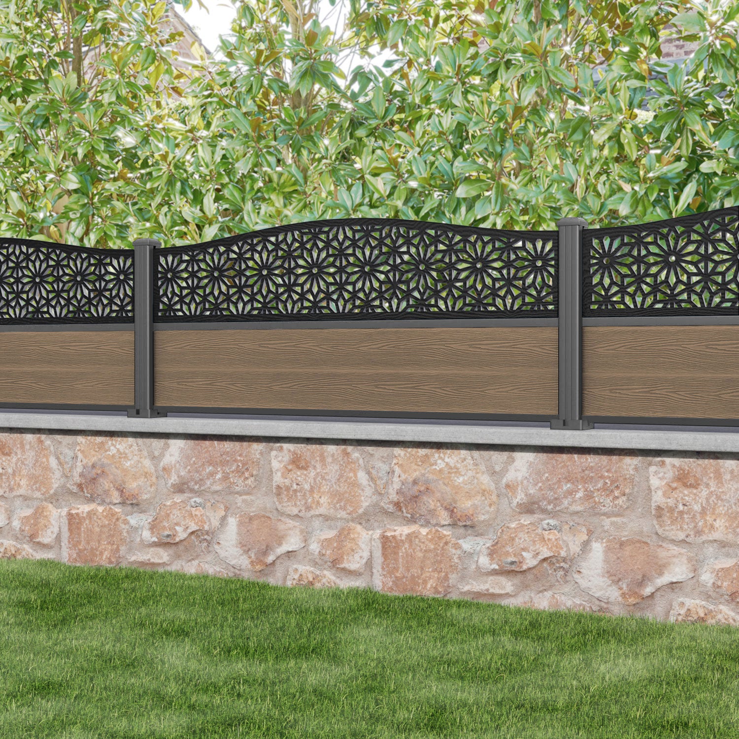 Classic Narwa Curved Top Fence Panel - Teak - with our aluminium posts