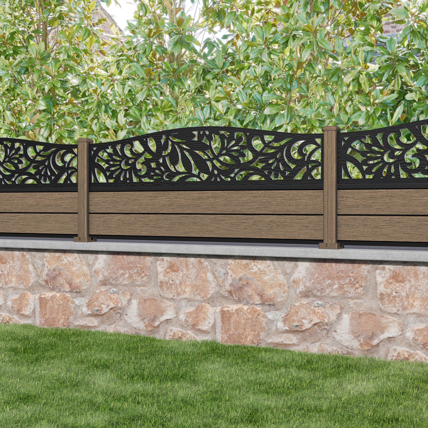 Fusion Heritage Curved Top Fence Panel - Teak - with our composite posts
