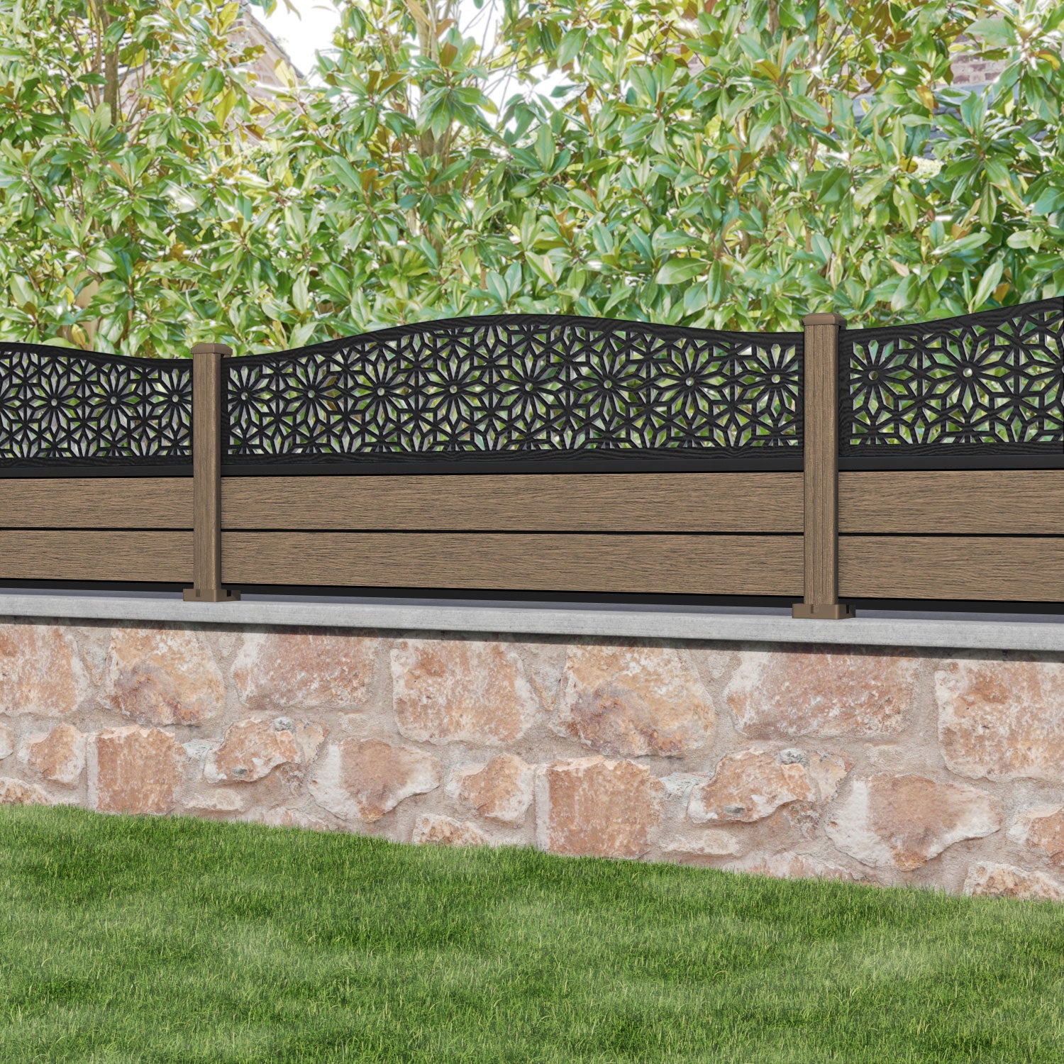 Fusion Narwa Curved Top Fence Panel - Teak - with our composite posts